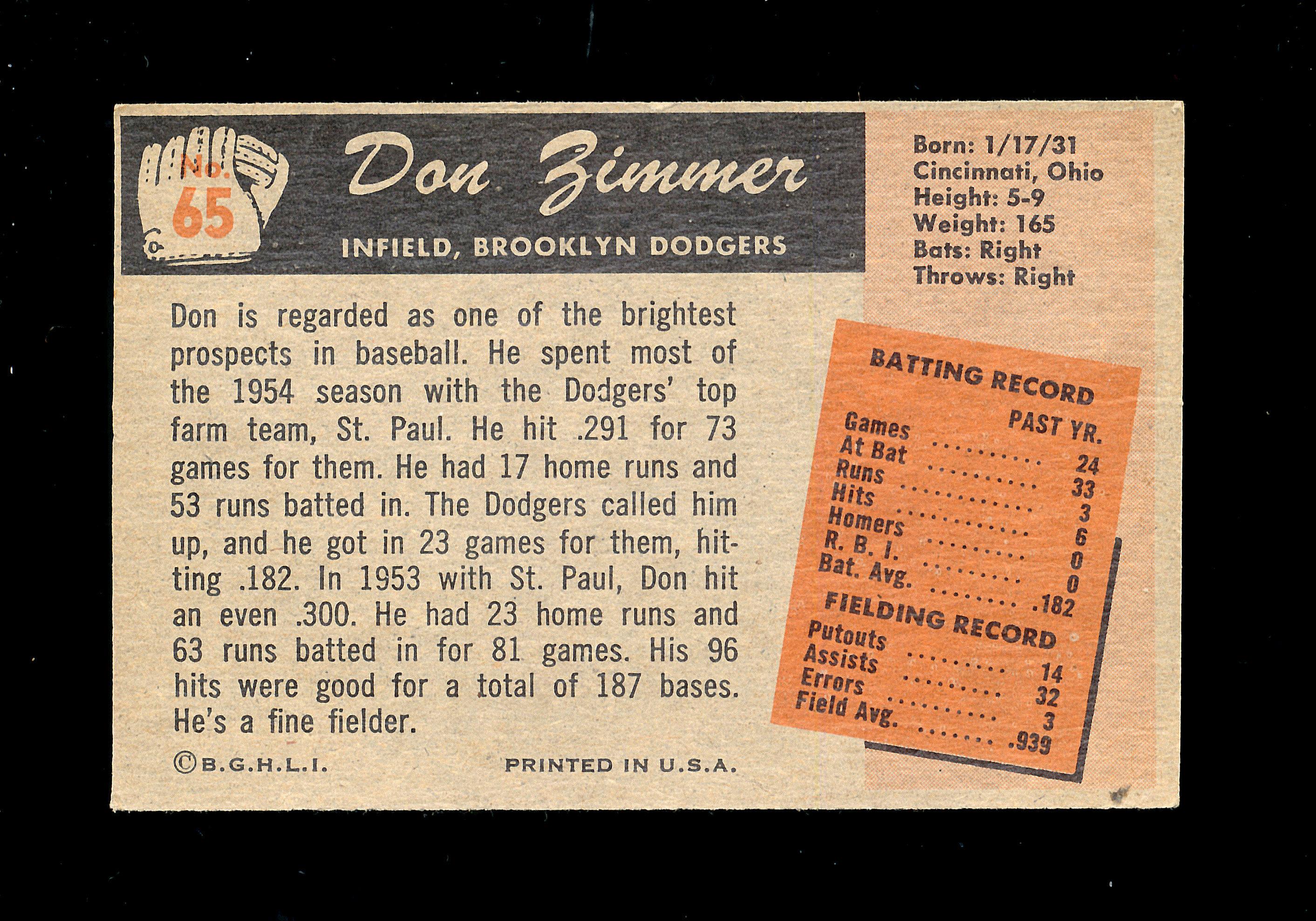 1955 Bowman ROOKIE Baseball Card #65 Rookie Don Zimmer Brooklyn Dodgers.  E