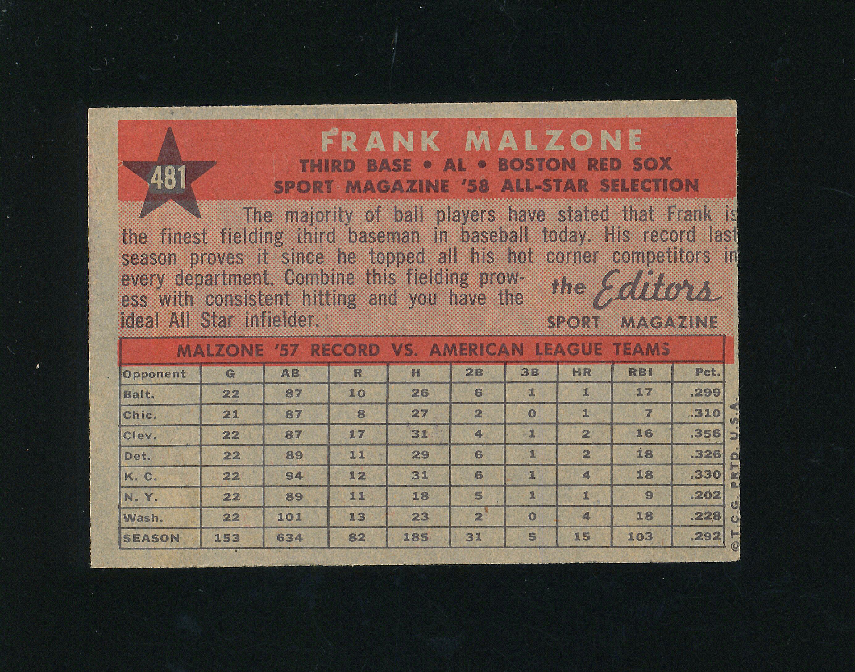 1958 Topps All Star Baseball Card #481 Frank Malzone Boston Red Sox. EX to