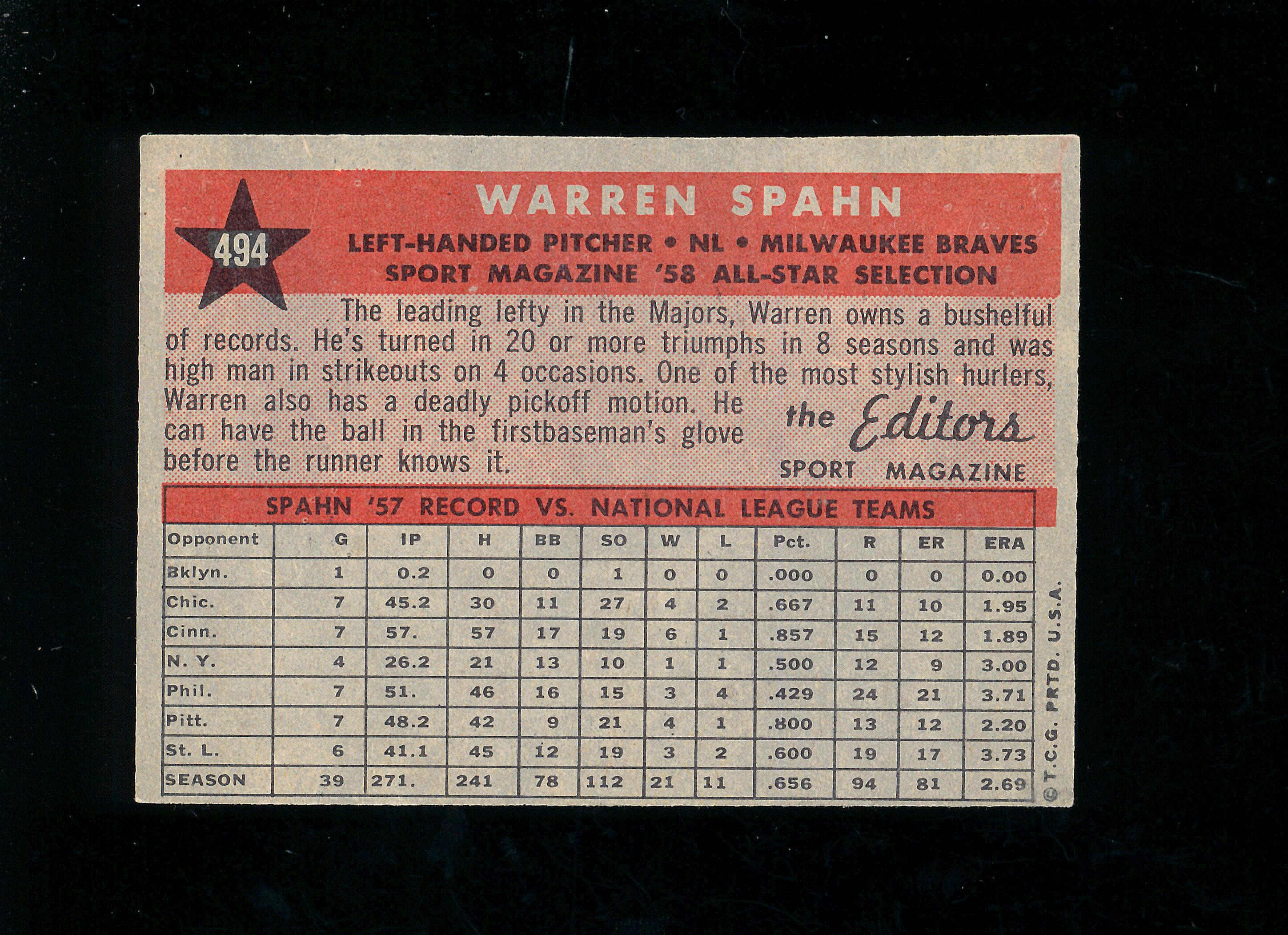 1958 Topps All Star Baseball Card #494 Hall of Famer Warren Spahn Milwaukee