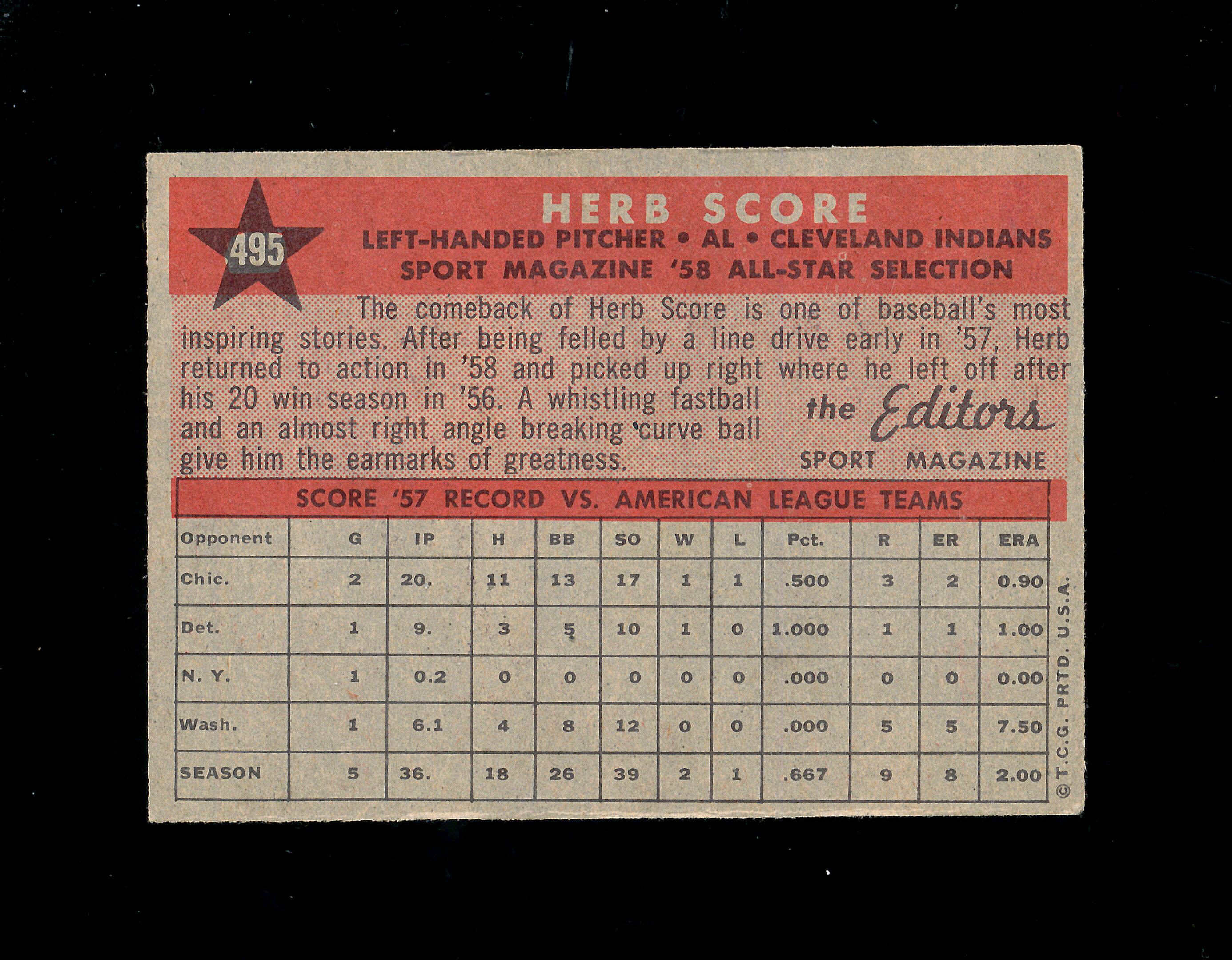 1958 Topps All Star Baseball Card #495 Herb Score Cleveland Indians. EX-MT