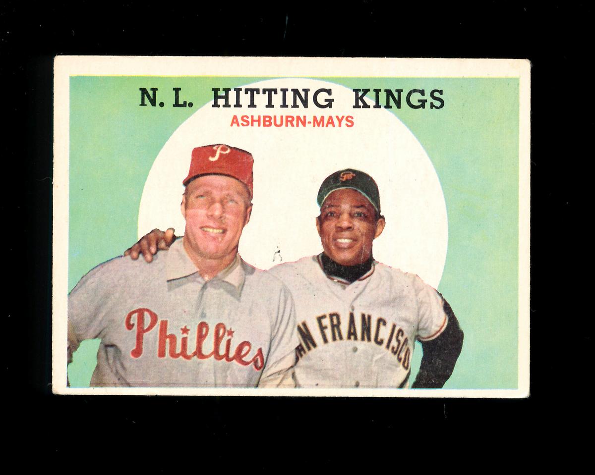 1959 Topps Baseball Card #317 N.L. Hitting Kings Ashburn-Mays. EX to EX-MT
