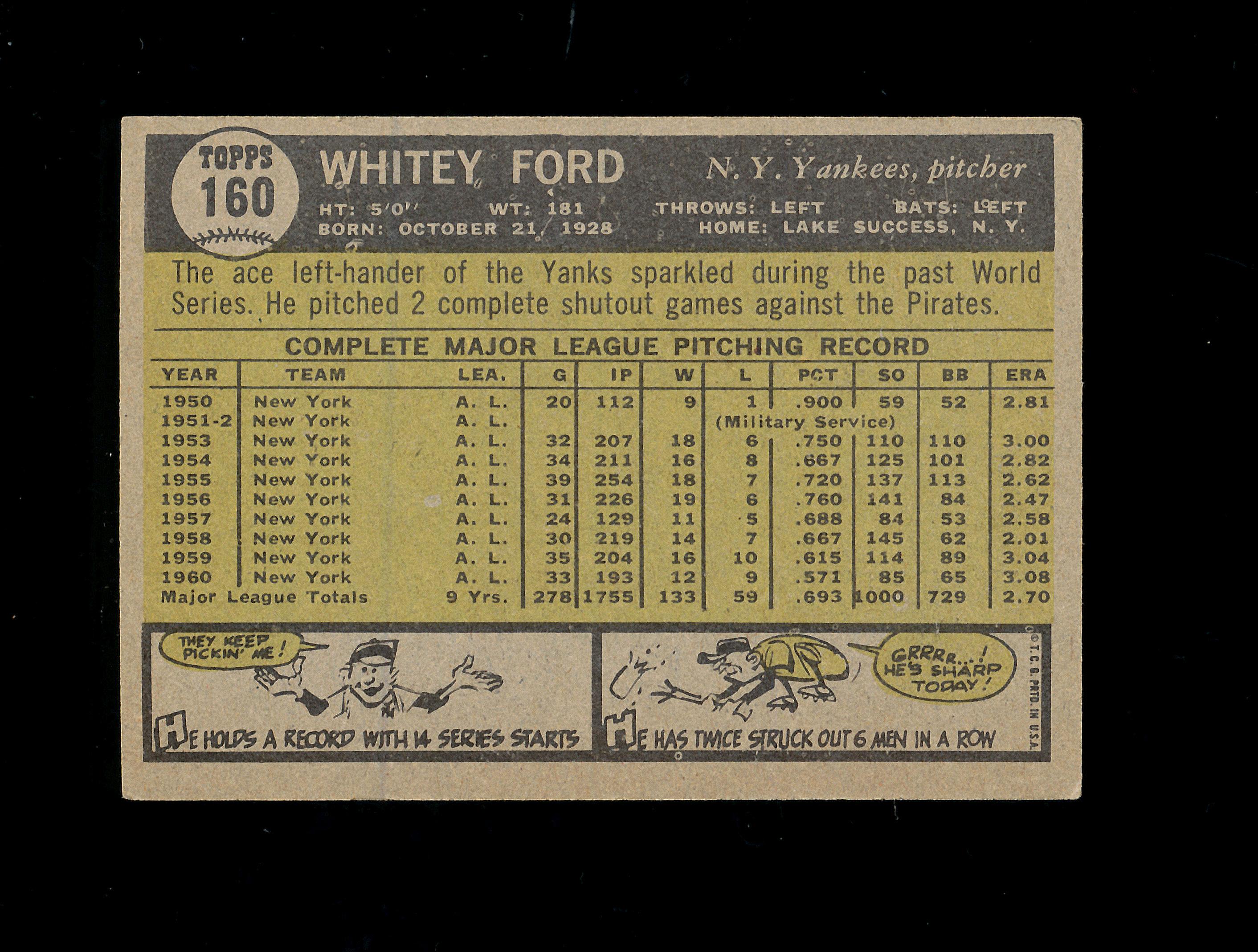 1961 Topps Baseball Card #160 Hall of Famer Whitey Ford New York Yankees .