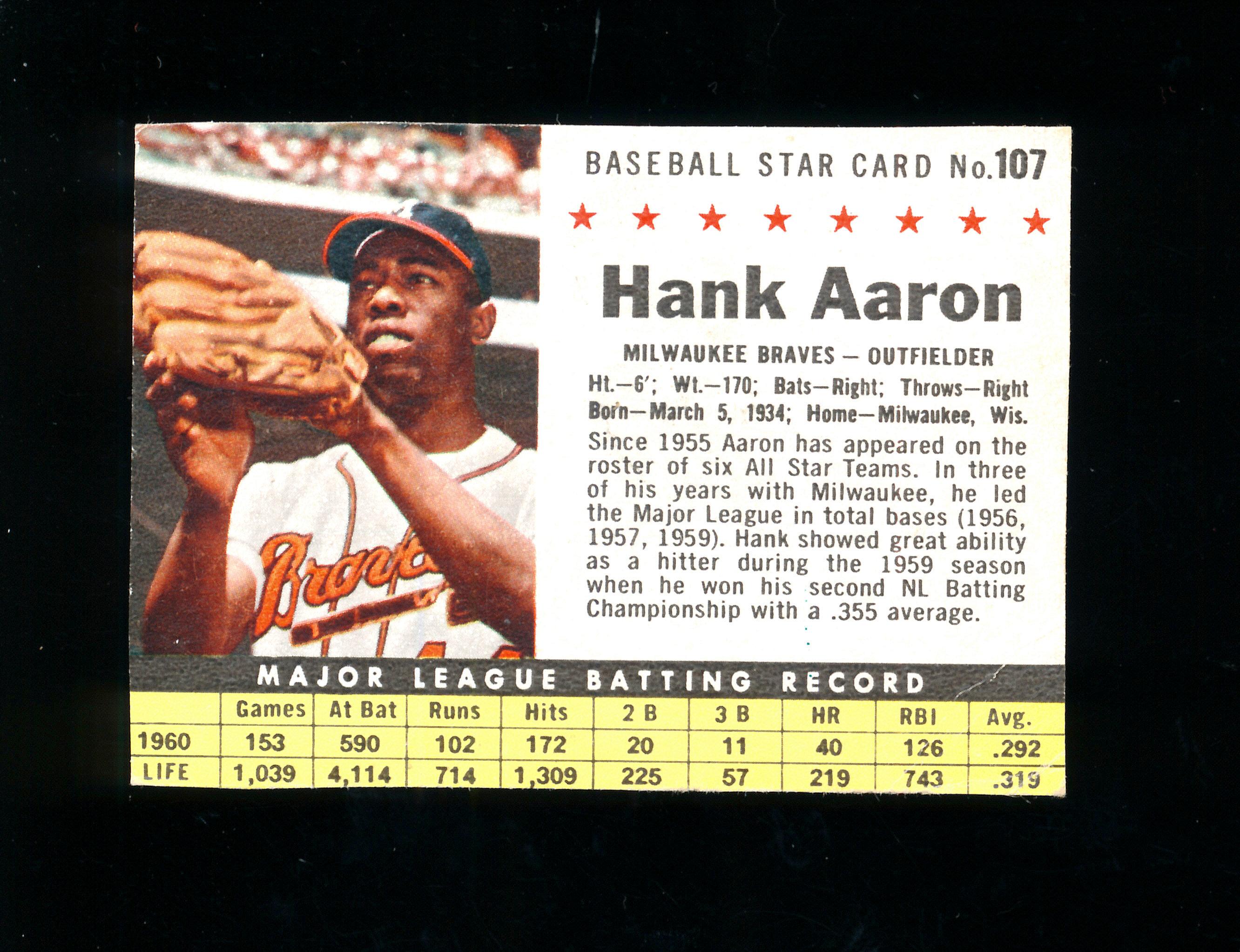 1961 Post Cereal Baseball Card Hank Aaron Milwaukee Braves. Hand Cut Authen