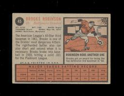 1962 Topps Baseball Card #45 Hall of Famer Brooks Robinson Baltimore Oriole