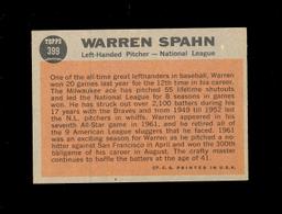 1962 Topps Baseball Card #399 Hall of Famer Warren Spahn Milwaukee Braves.