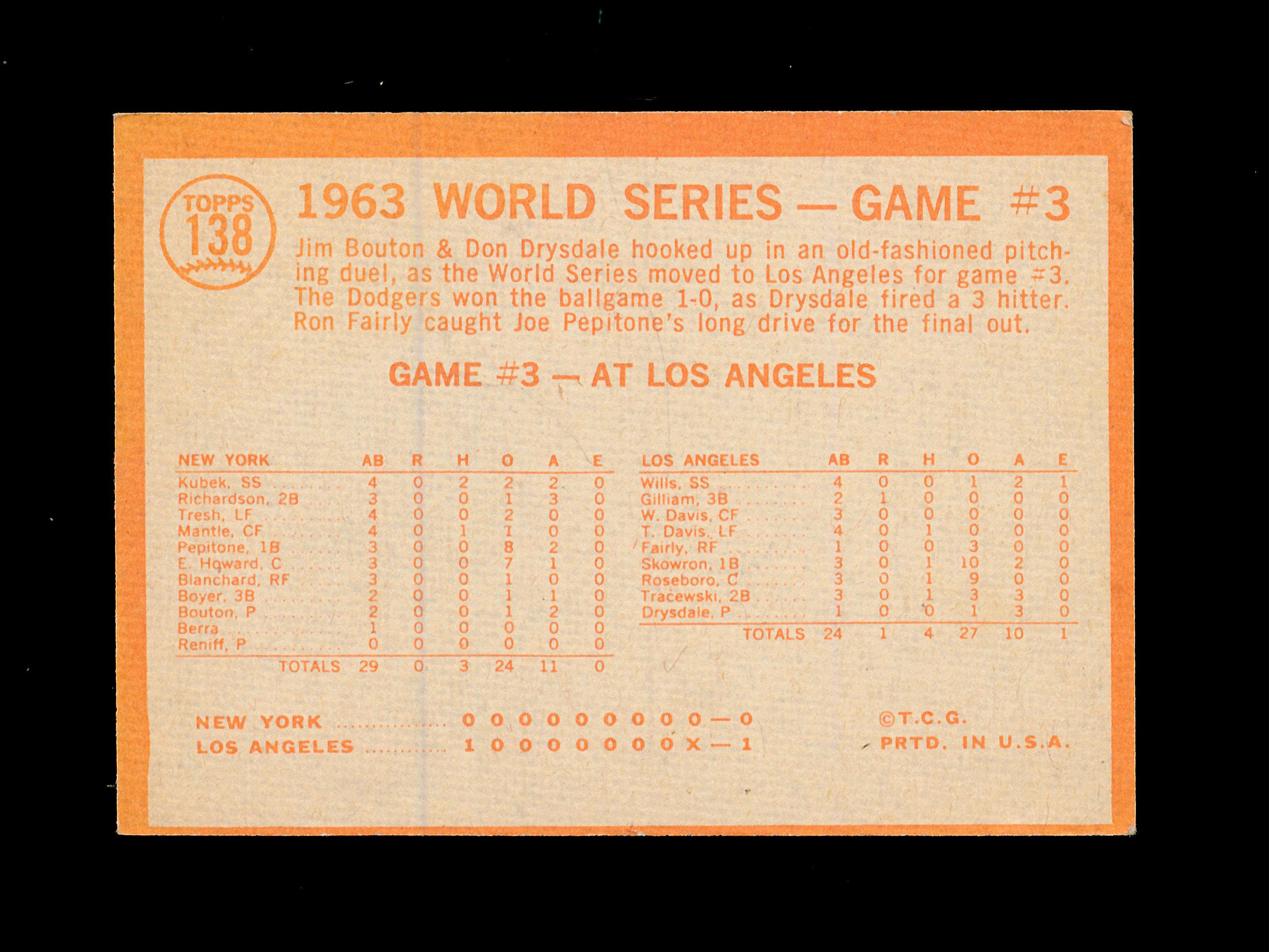1964 Topps Baseball Card #138 World Series Game #3.  EX to EX-MT Condition.