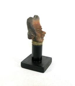 Vintage American Indian Stone Carved Aztec Figure Head On Wooden Pedestal.