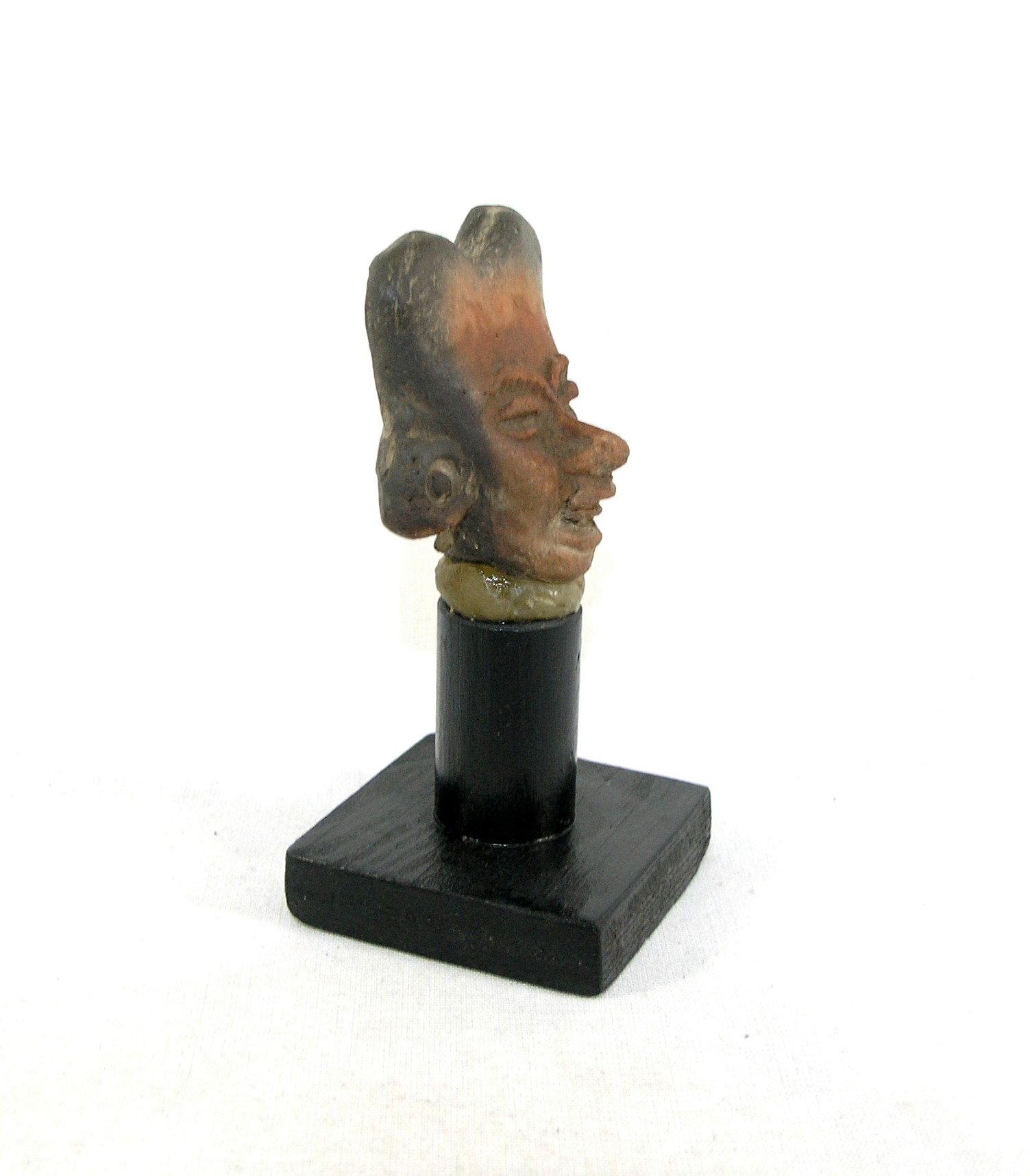 Vintage American Indian Stone Carved Aztec Figure Head On Wooden Pedestal.