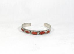 Vintage Native American Sterling Silver Wrist Bracelet With 5 Coral Stones