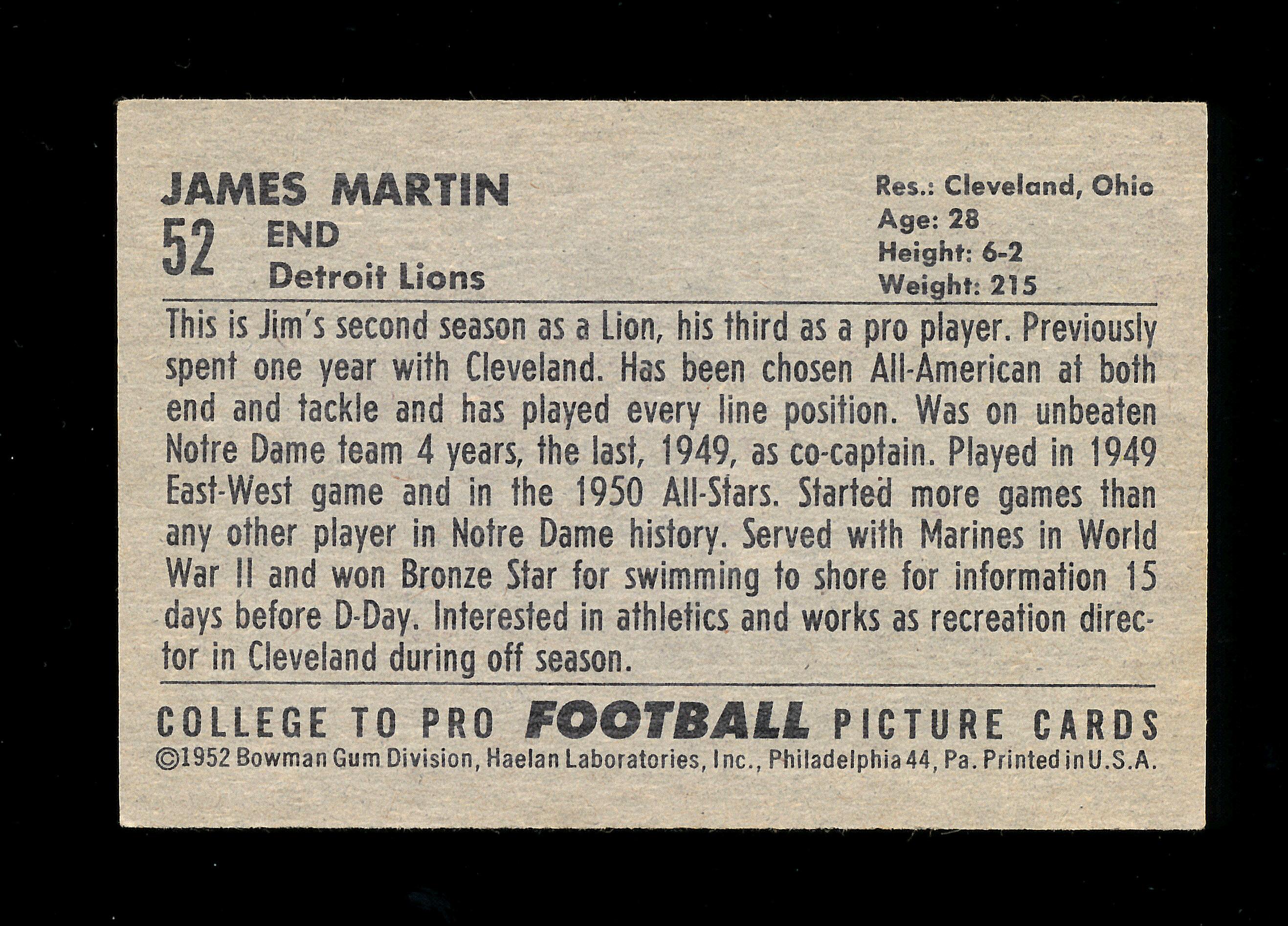 1952 Bowman Large Football Card #52 James Martin Detroit Lions. EX to EX-MT