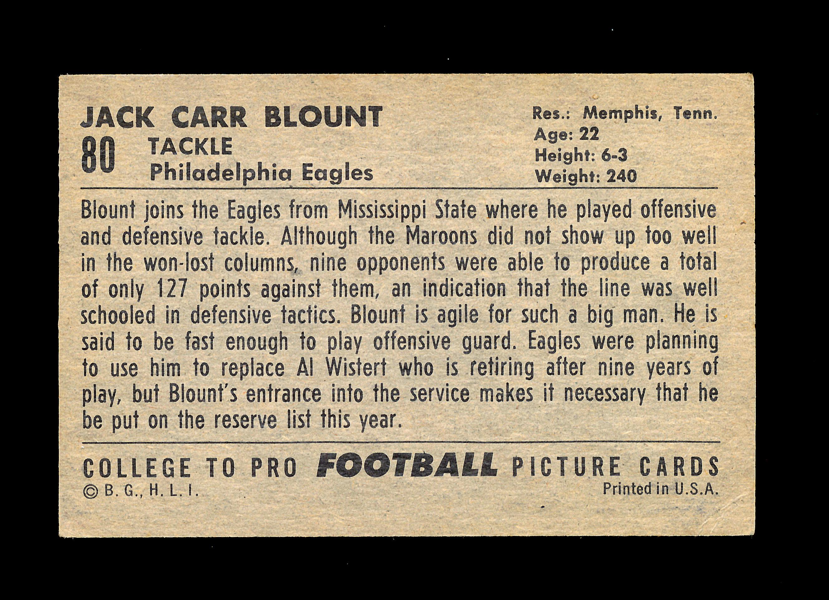 1952 Bowman Large Football Card #80 Jack Carr Blount Philadephia Eagles. EX