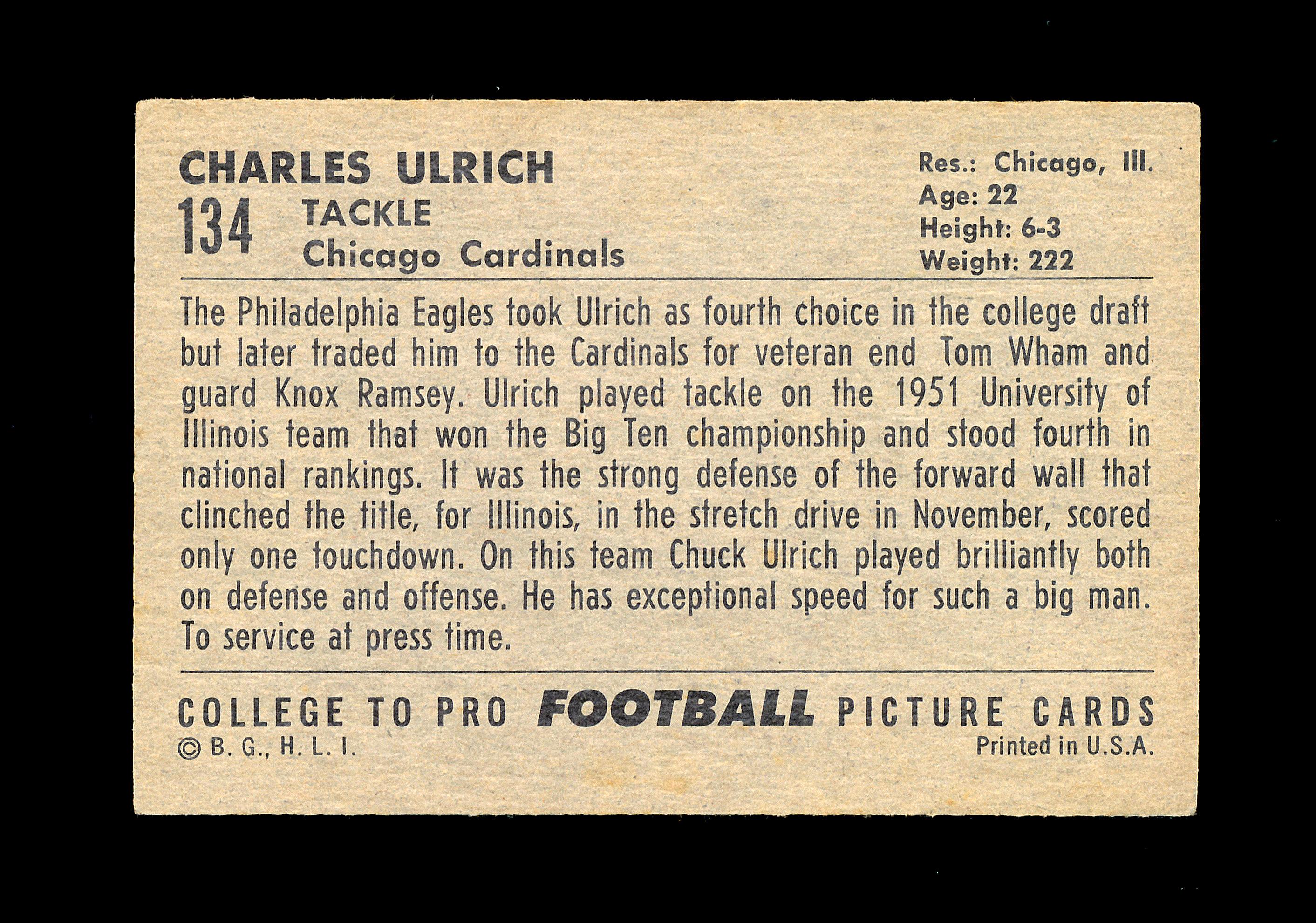 1952 Bowman Large Football Card #134 Charles Ulrich Chicago Cardinals. EX t