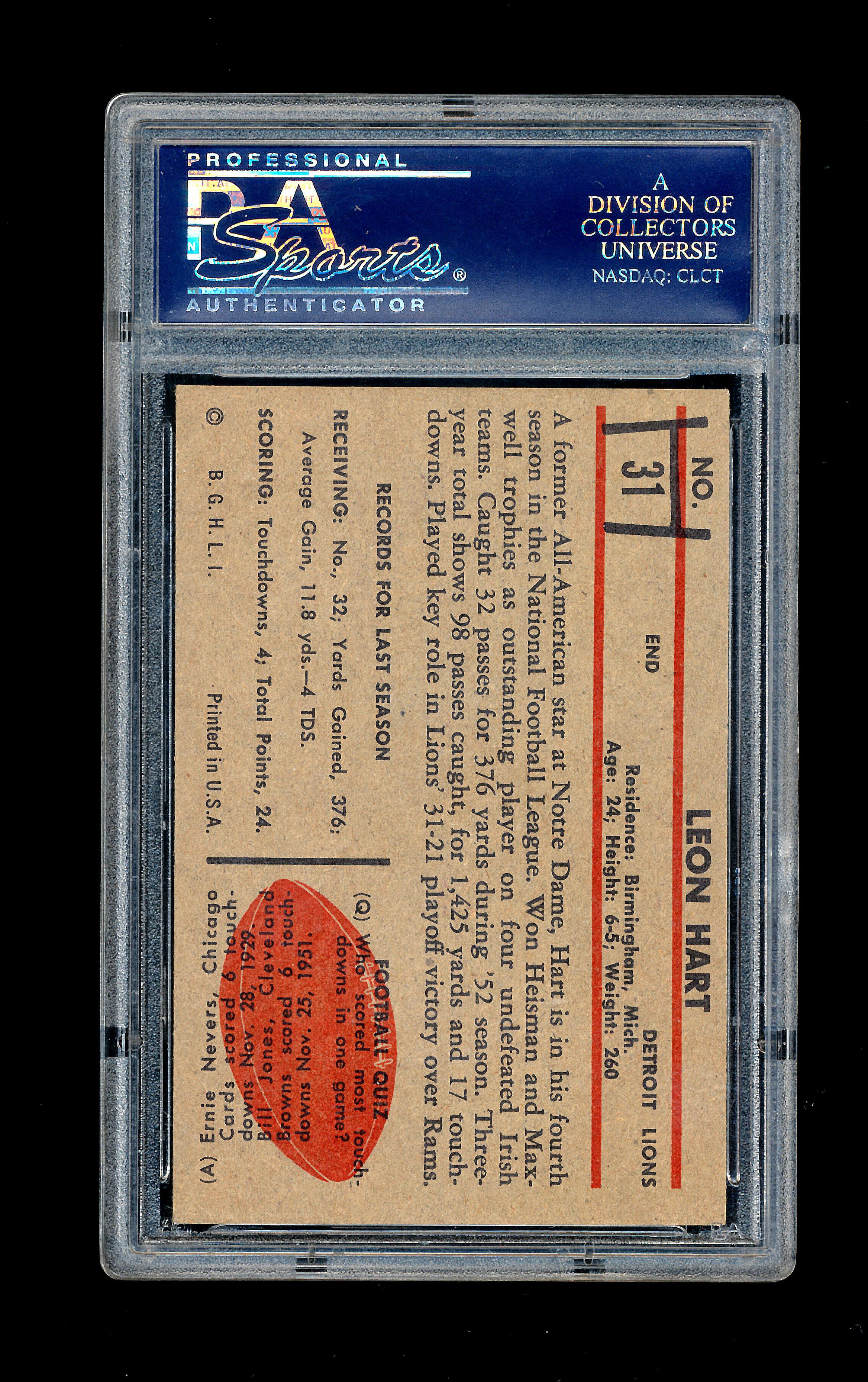 1953 Bowman Football Card #31 Leon Hart Detroit Lions. Graded PSA EX to EX-