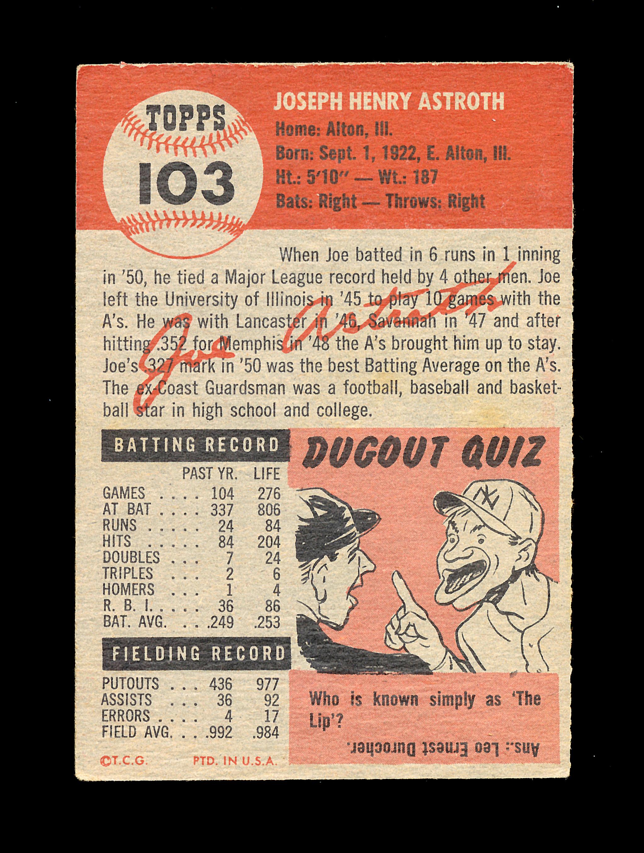 1953 Topps Baseball Card Double Print #103 Joe Astroth Philadelphia Athleti