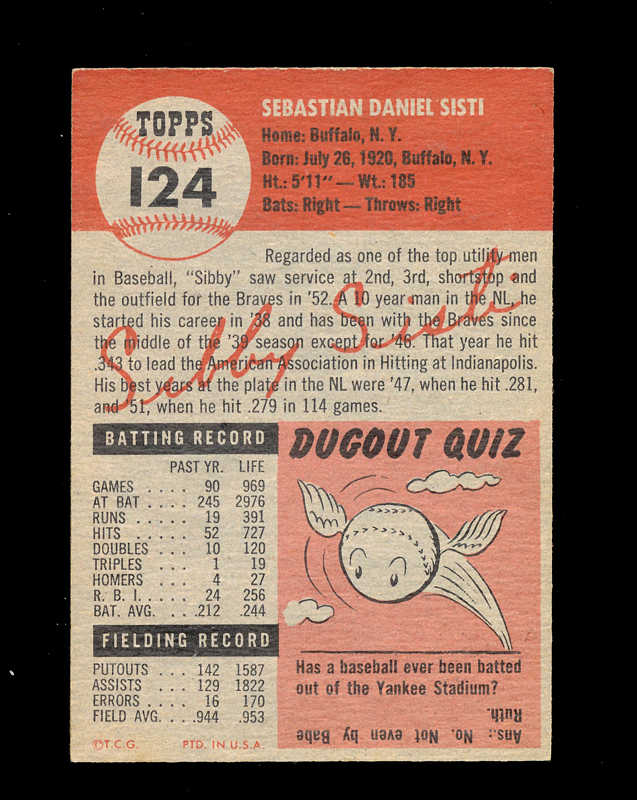 1953 Topps Baseball Card Double Print #124 Sibby Sisti Boston Braves. EX to