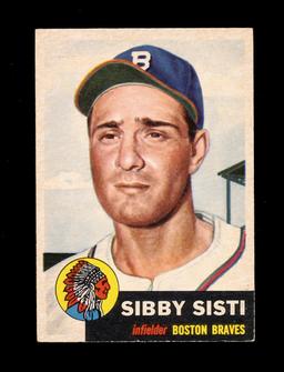 1953 Topps Baseball Card Double Print #124 Sibby Sisti Boston Braves. EX to