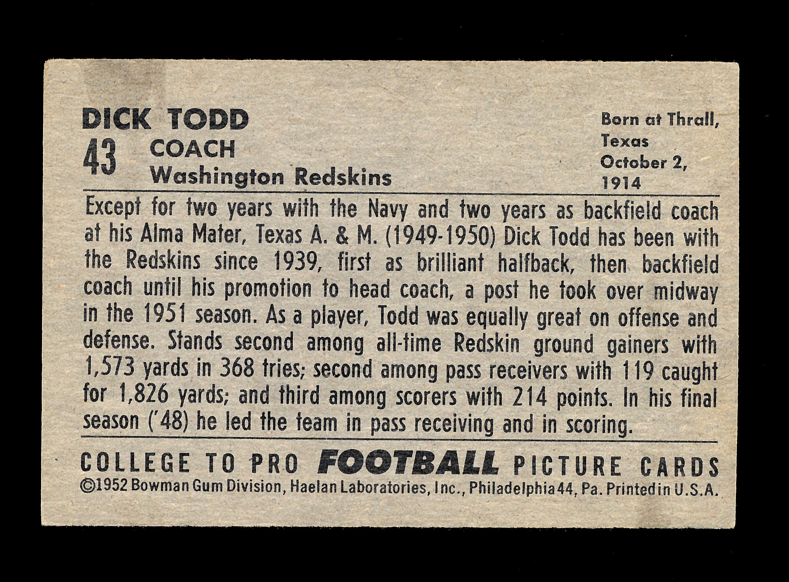 1952 Bowman Large Football Card #43 Dick Todd Washington Redskins.  EX to E