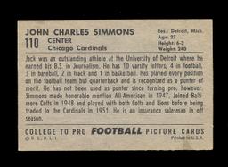 1952 Bowman Large Football Card #110 John Simmons Chicago Cardinals.  EX-MT