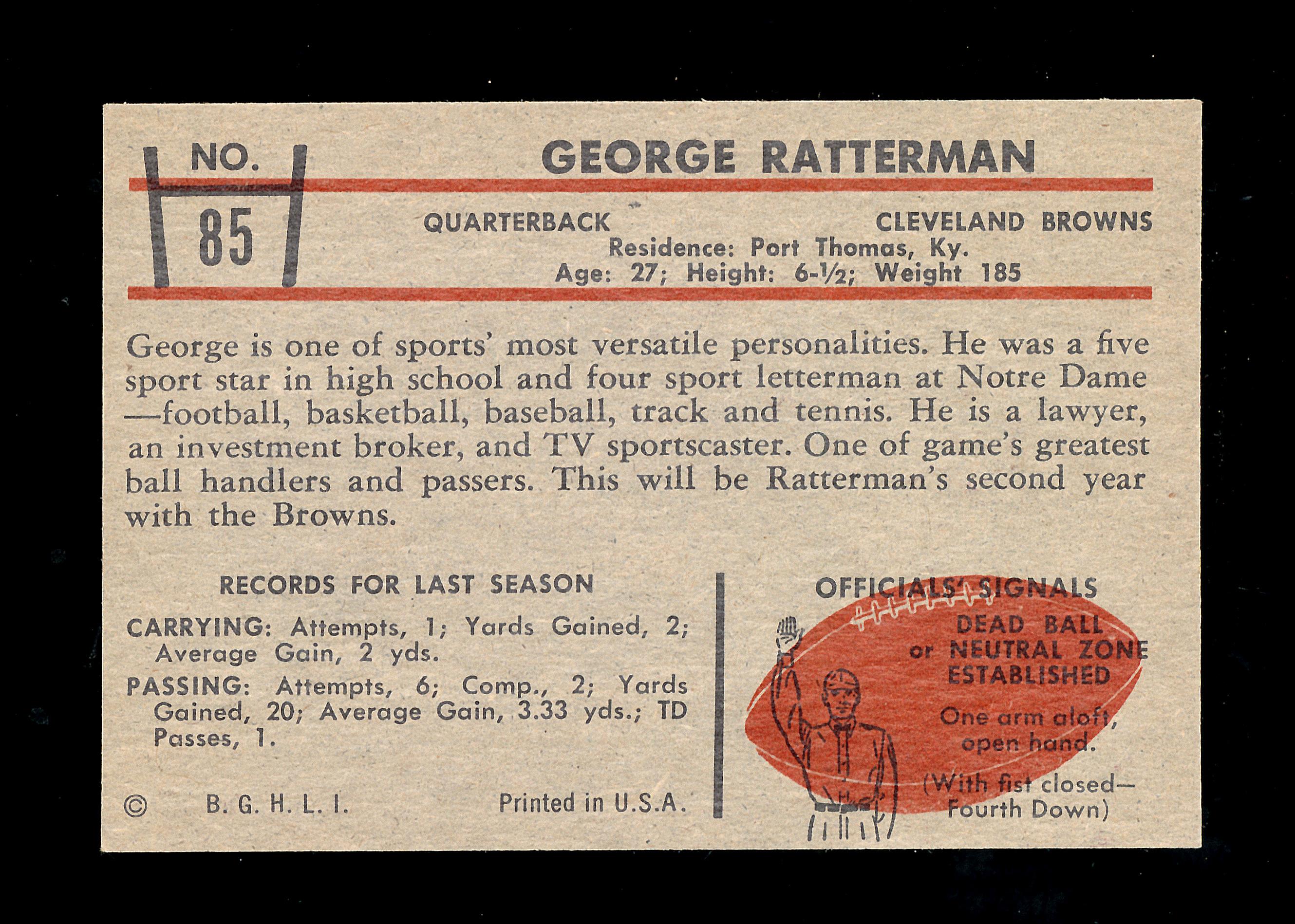 1953 Bowman Football Card #85 George Ratterman Cleveland Browns.  EX-MT to