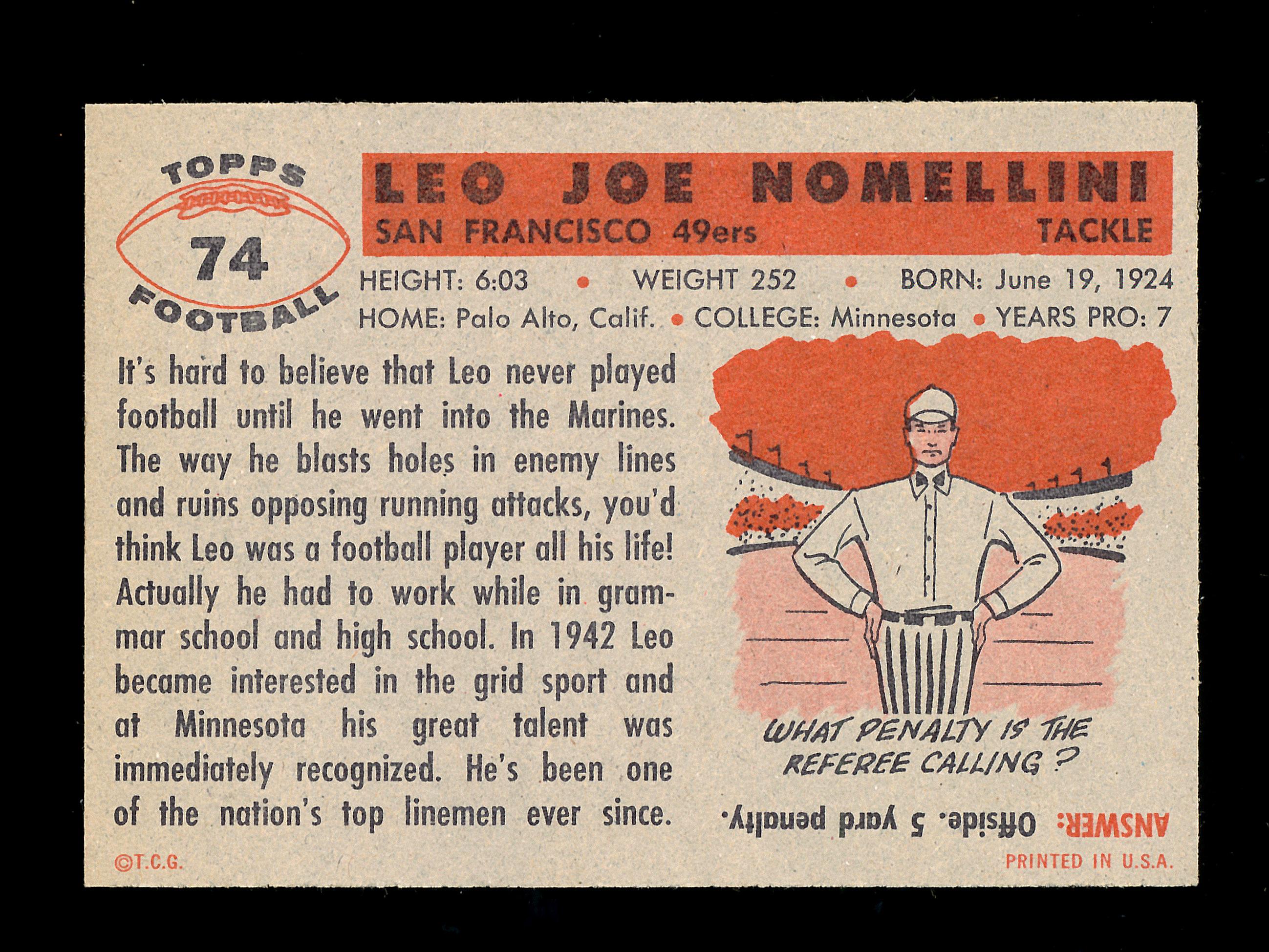 1956 Topps Football Card #74 Hall of Famer Leo Nomellini San Francisco 49er