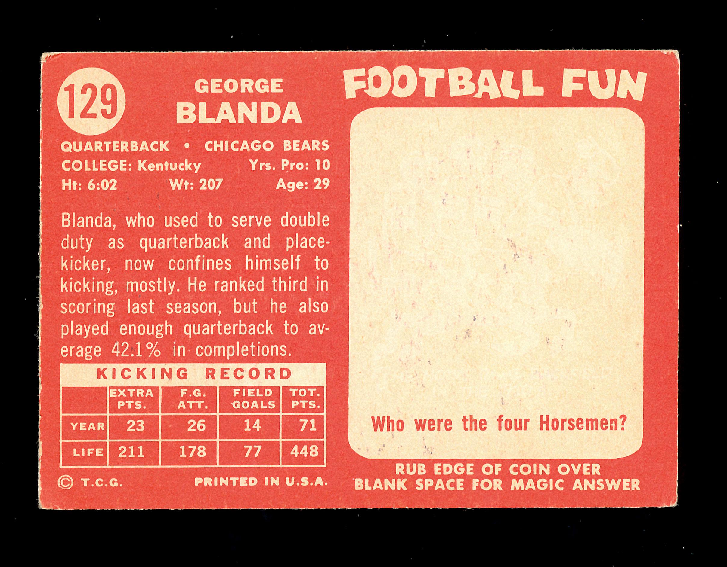 1958 Topps Football Card #129 Hall of Famer George Blanda Chicago Bears. EX