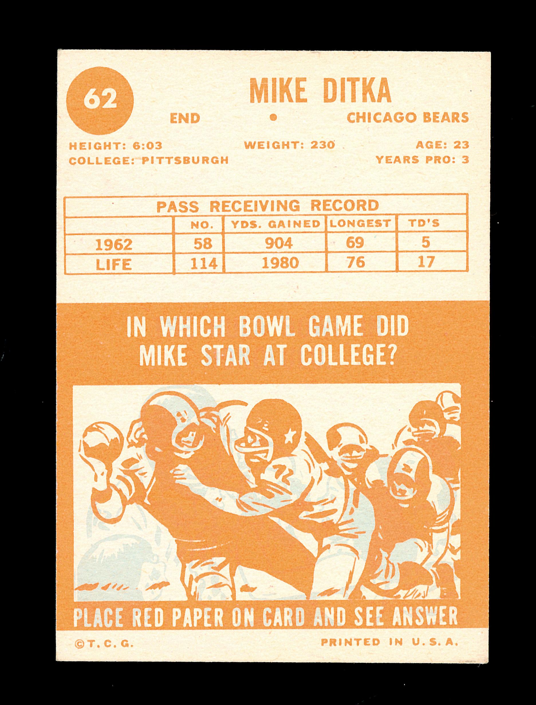 1963 Topps Football Card #62 Hall of Famer Mike Ditka Chicago Bears. EX-MT