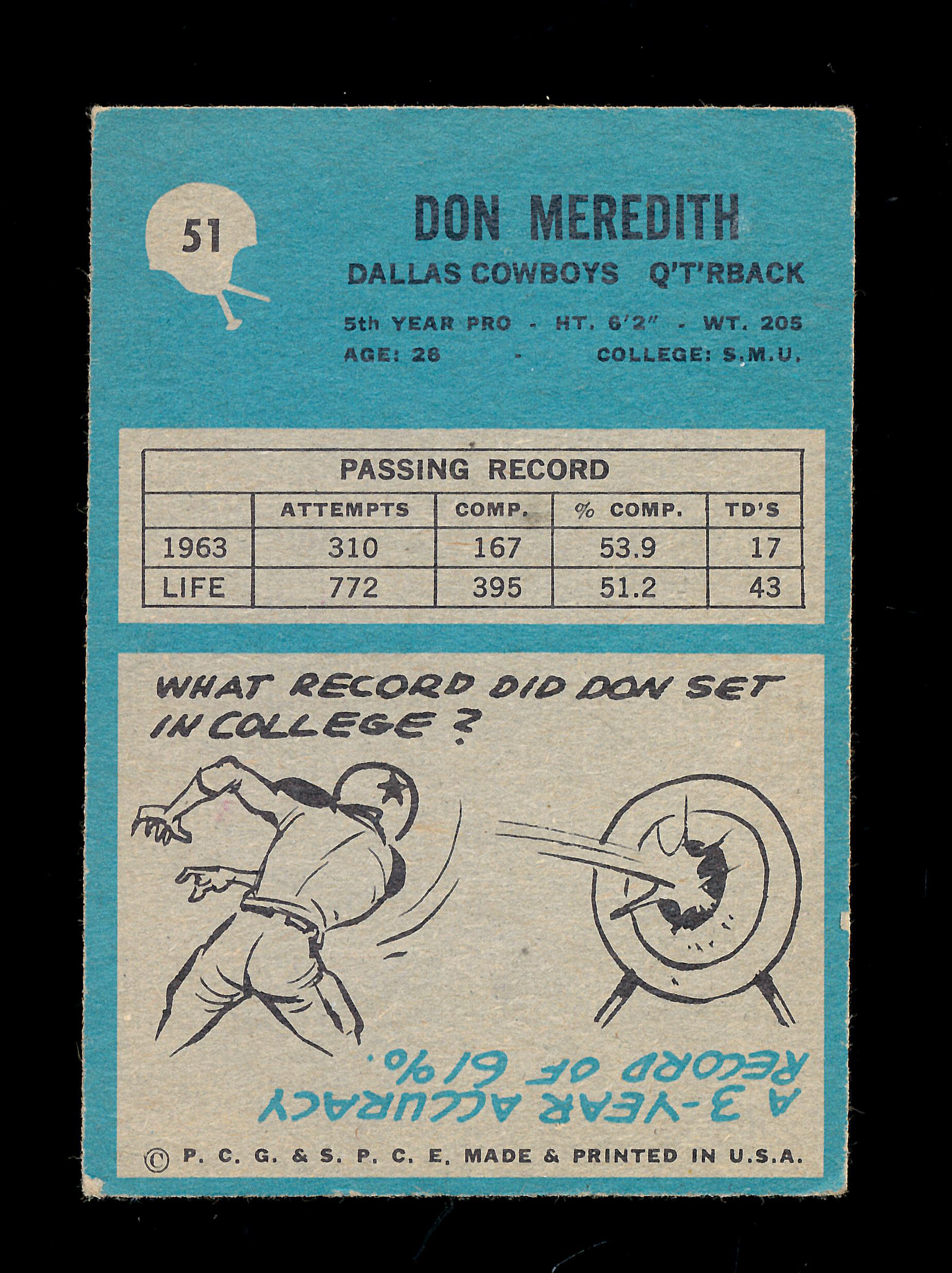 1964 Philadelphia Football Card #51 Don Meredith Dallas Cowboys. EX to EX-M