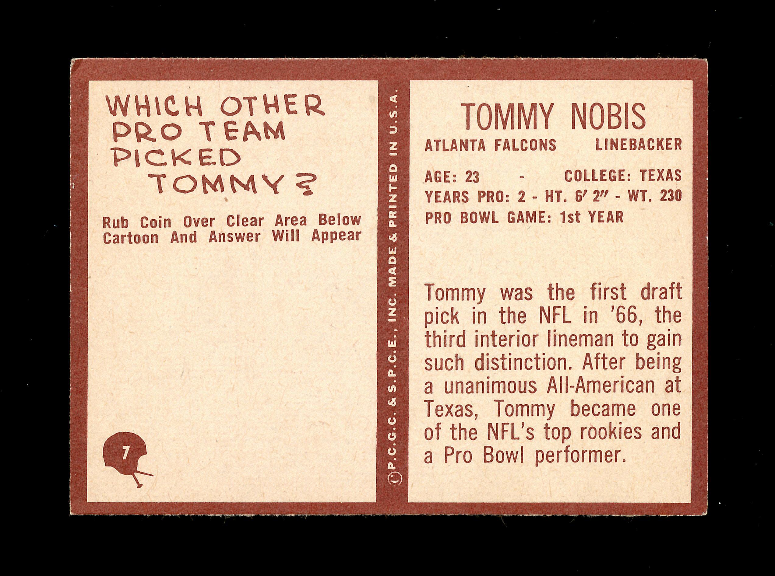 1967 Philadelphia ROOKIE Football Card #7 Rookie Tommy Nobis Atlanta Falcon