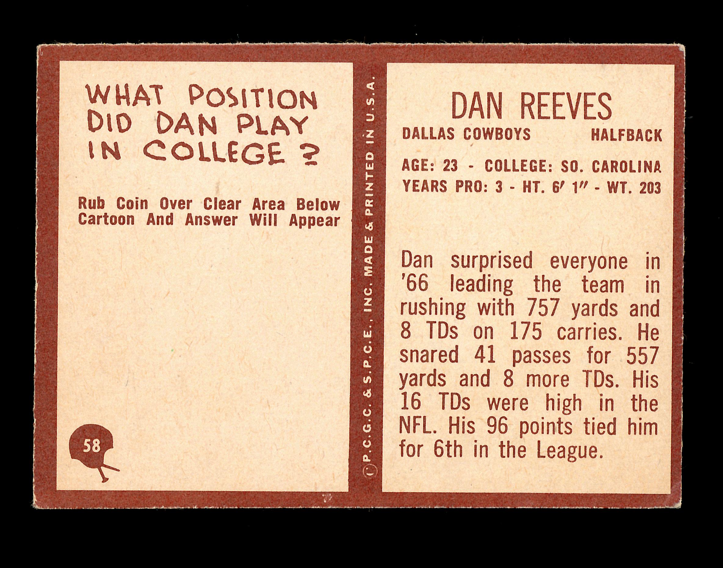 1967 Philadelphia ROOKIE Football Card #58 Rookie Hall of Famer Dan Reeves