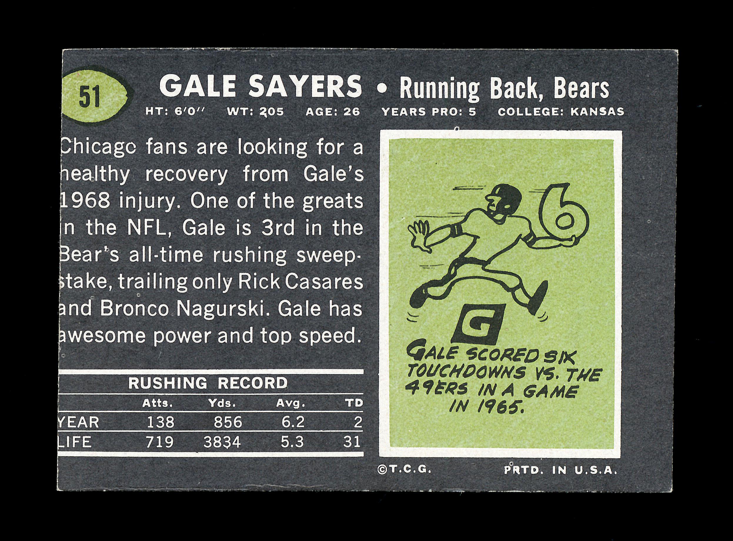 1969 Topps Football Card #51 Hall of Famer Gale Sayers Chicago Bears. EX-MT