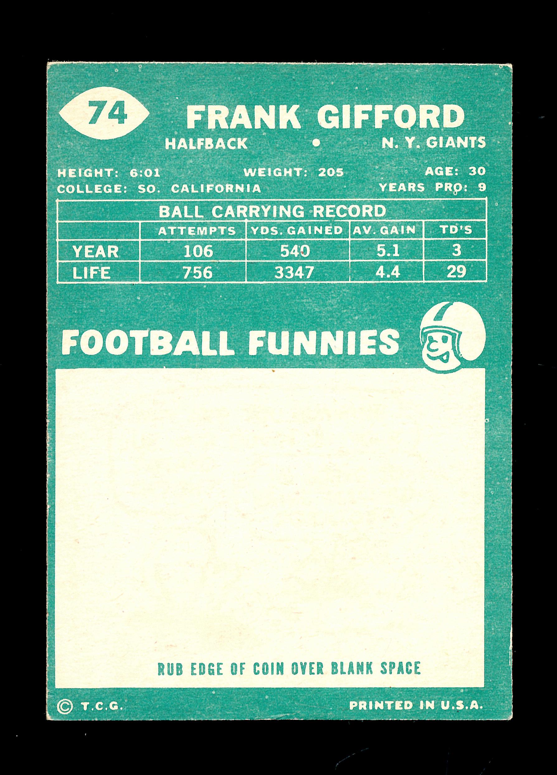 1960 Topps Football Card #74 Hall of Famer Frank Gifford New York Giants. E