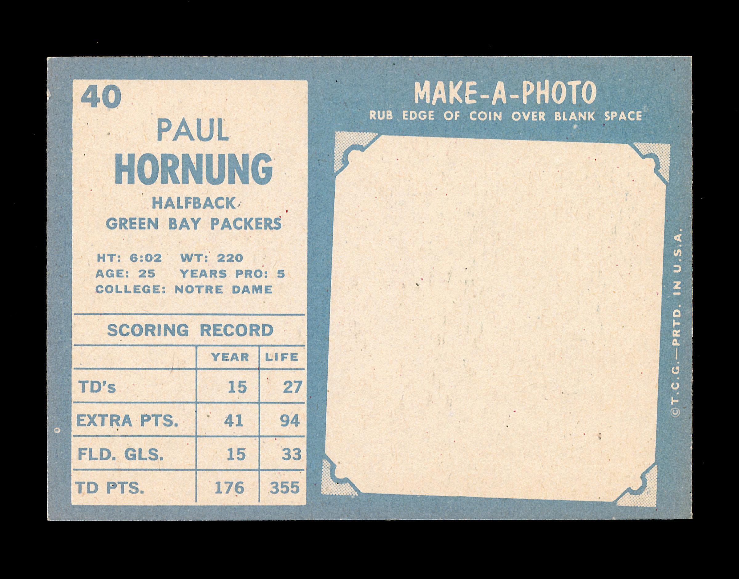 1961 Topps Football Card #40 Hall of Famer Paul Hornung Green Bay Packers.