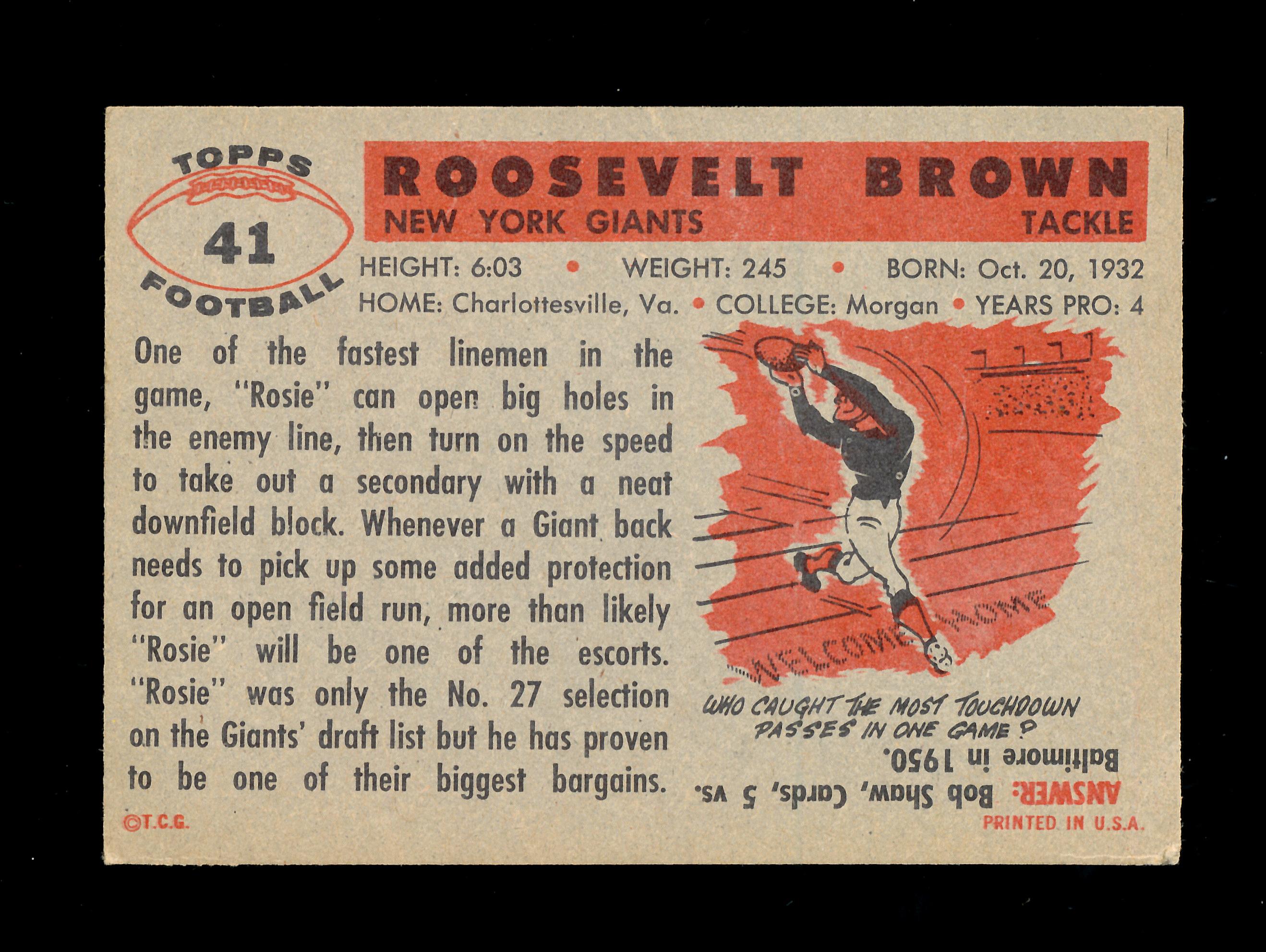 1956 Topps ROOKIE Football Card #41 Rookie Hall of Famer Roosevelt Brown Ne