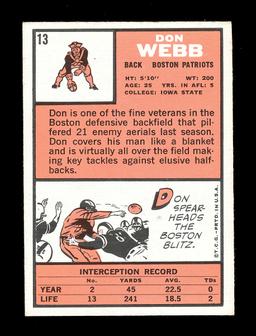 1966 Topps Football Card #13 Don Webb Boston Patriots. EX/MT Condition.
