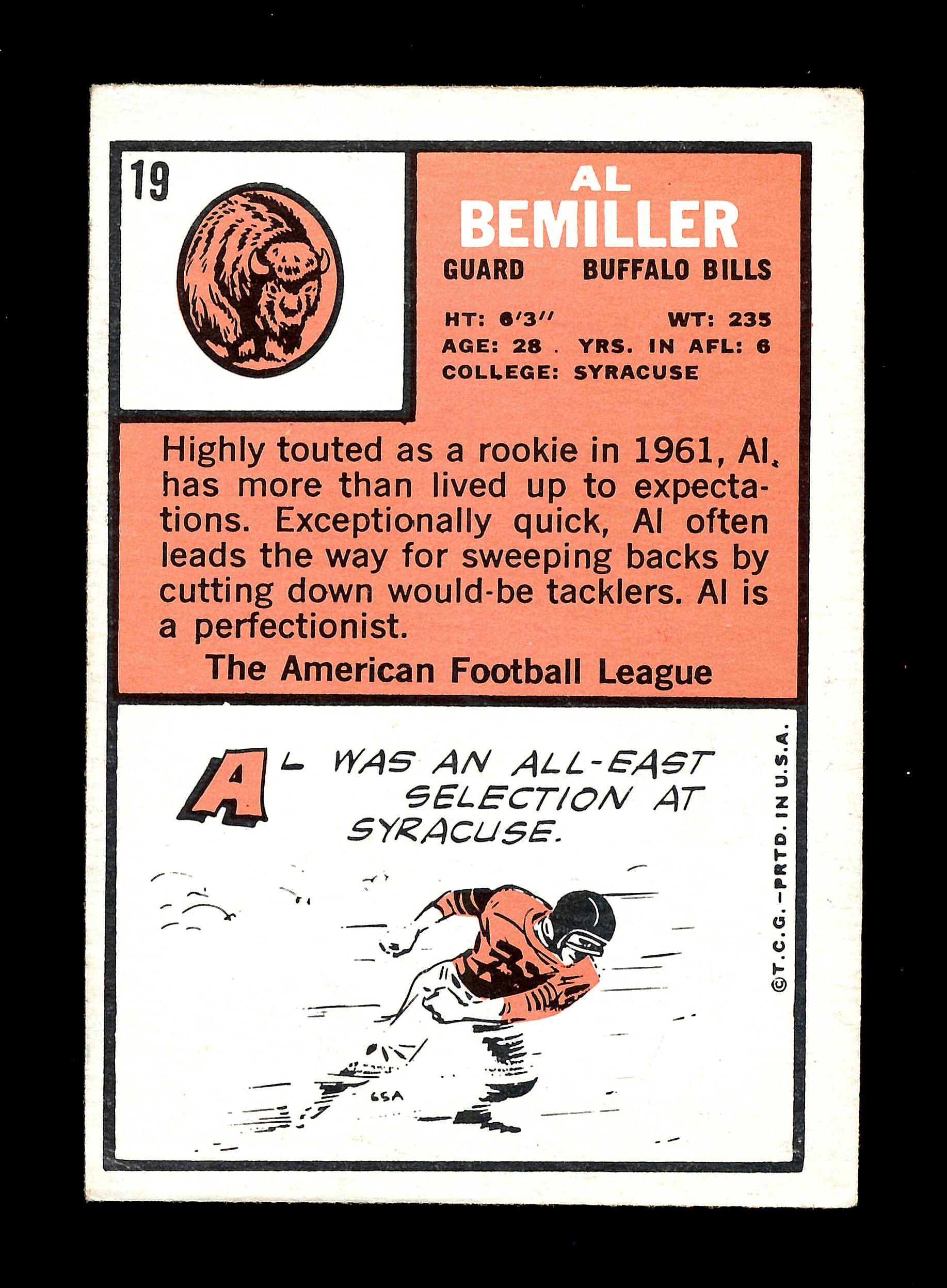 1966 Topps Football Card #19 Al Bemiller Buffalo Bills. EX/MT Condition.