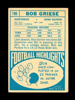 1968 Topps ROOKIE Football Card #196 Rookie Hall of Famer Bob Griese Miami