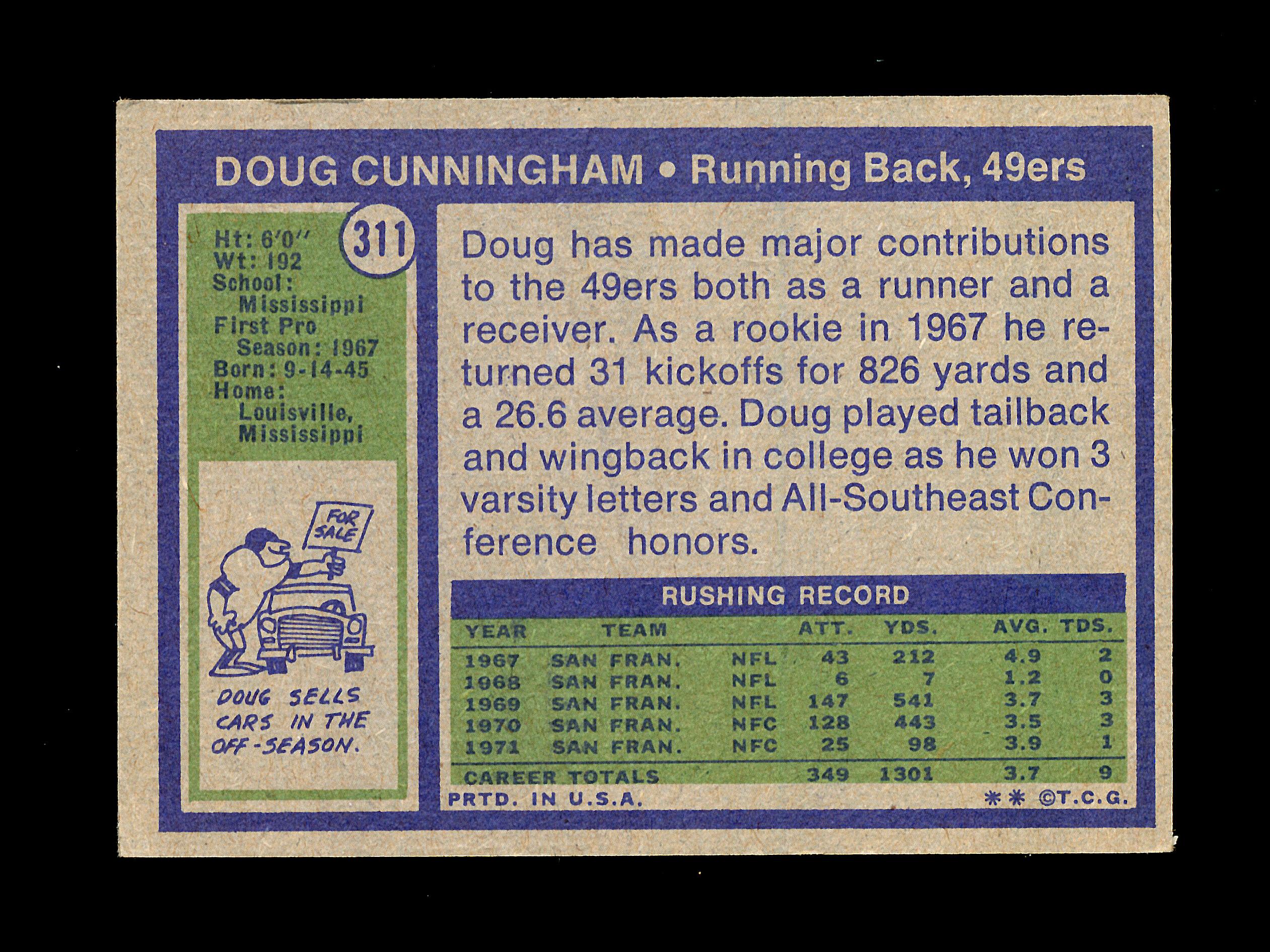 1972 Topps Football Card #311 Doug Cunningham San Francisco 49ers. EX/MT Co