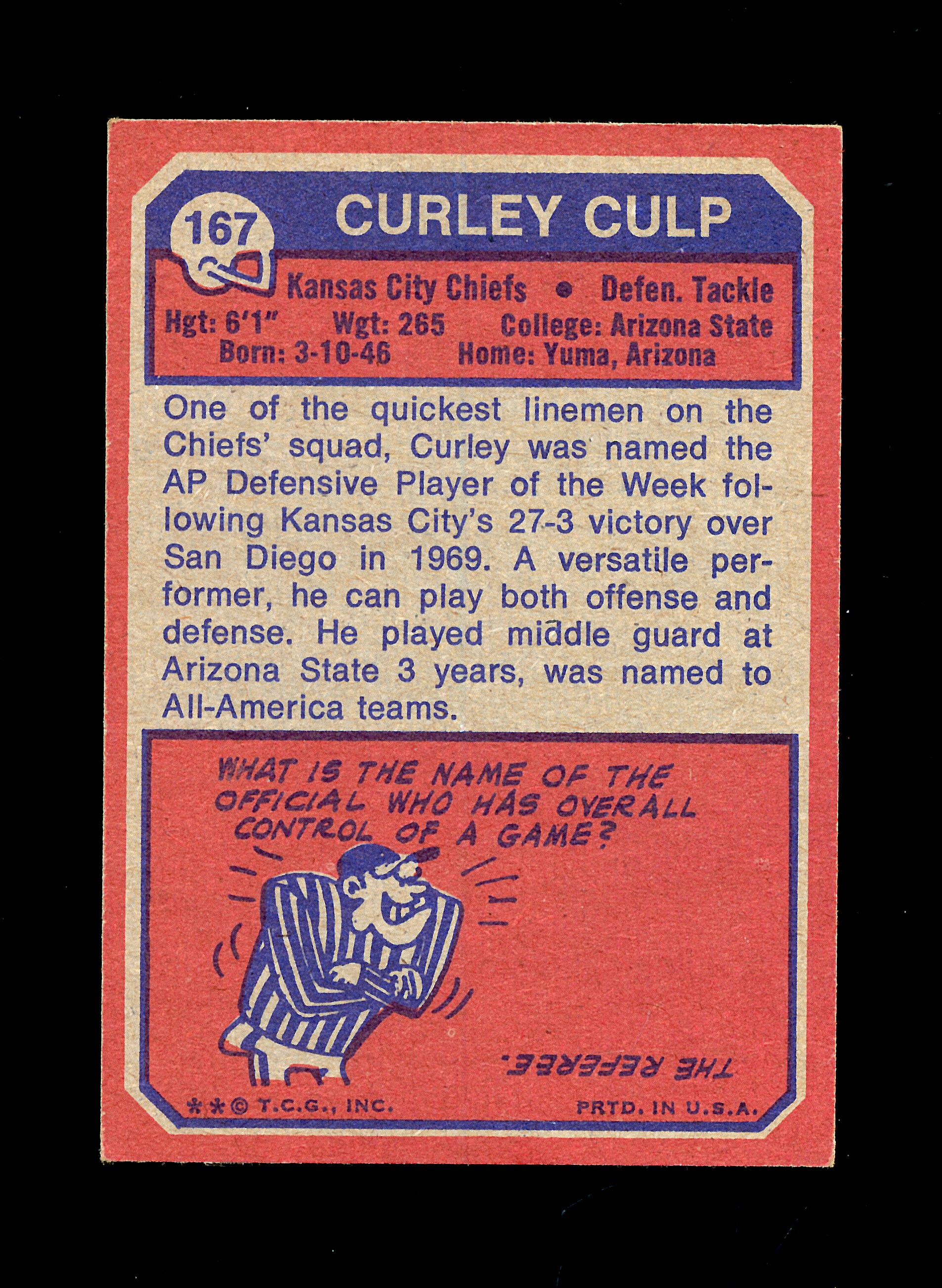 1973 Topps ROOKIE Football Card #167 Rookie Hall of Famer Curley Culp Kansa