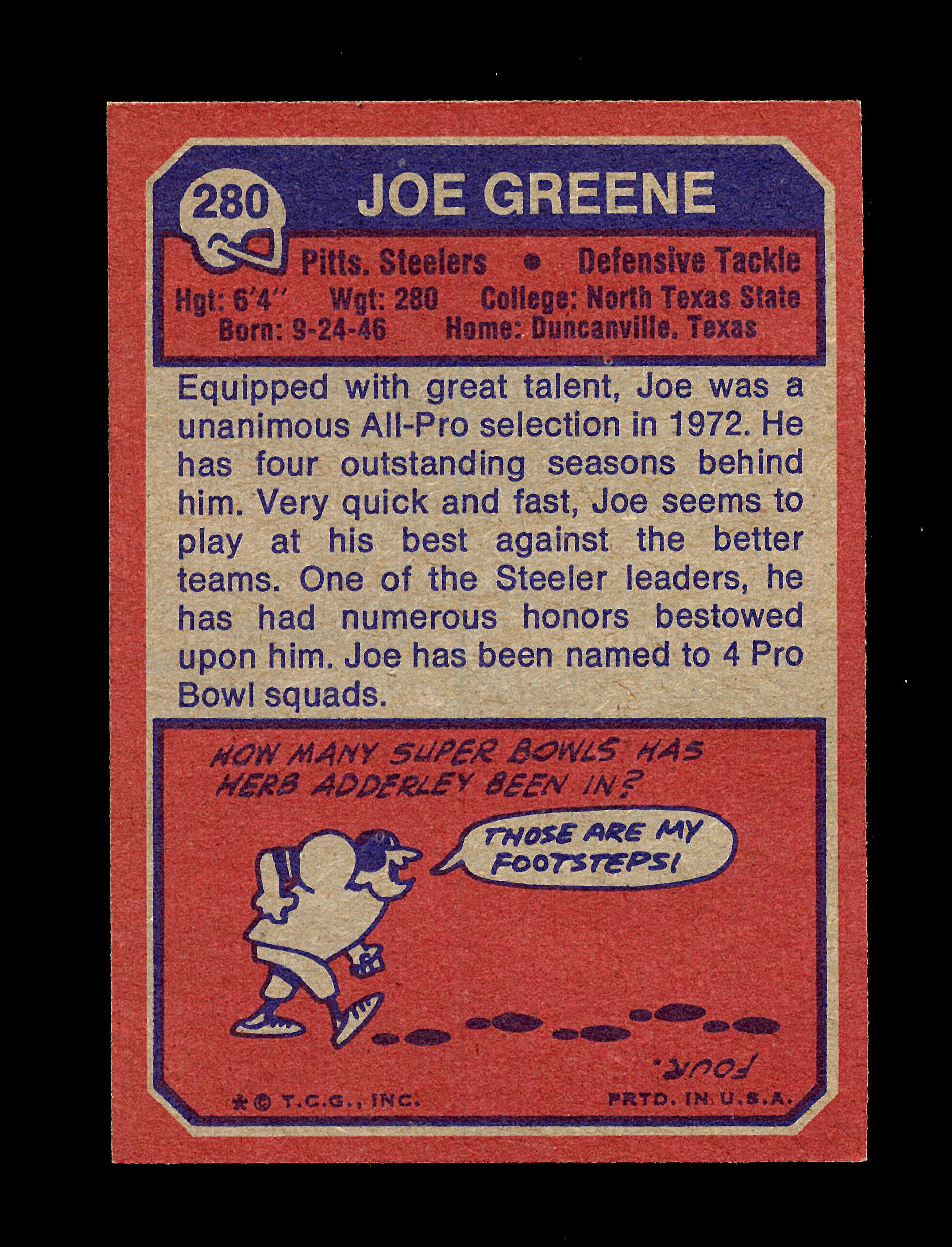 1973 Topps Football Card #280 Hall of Famer Joe Greene Pittsburgh Steelers.