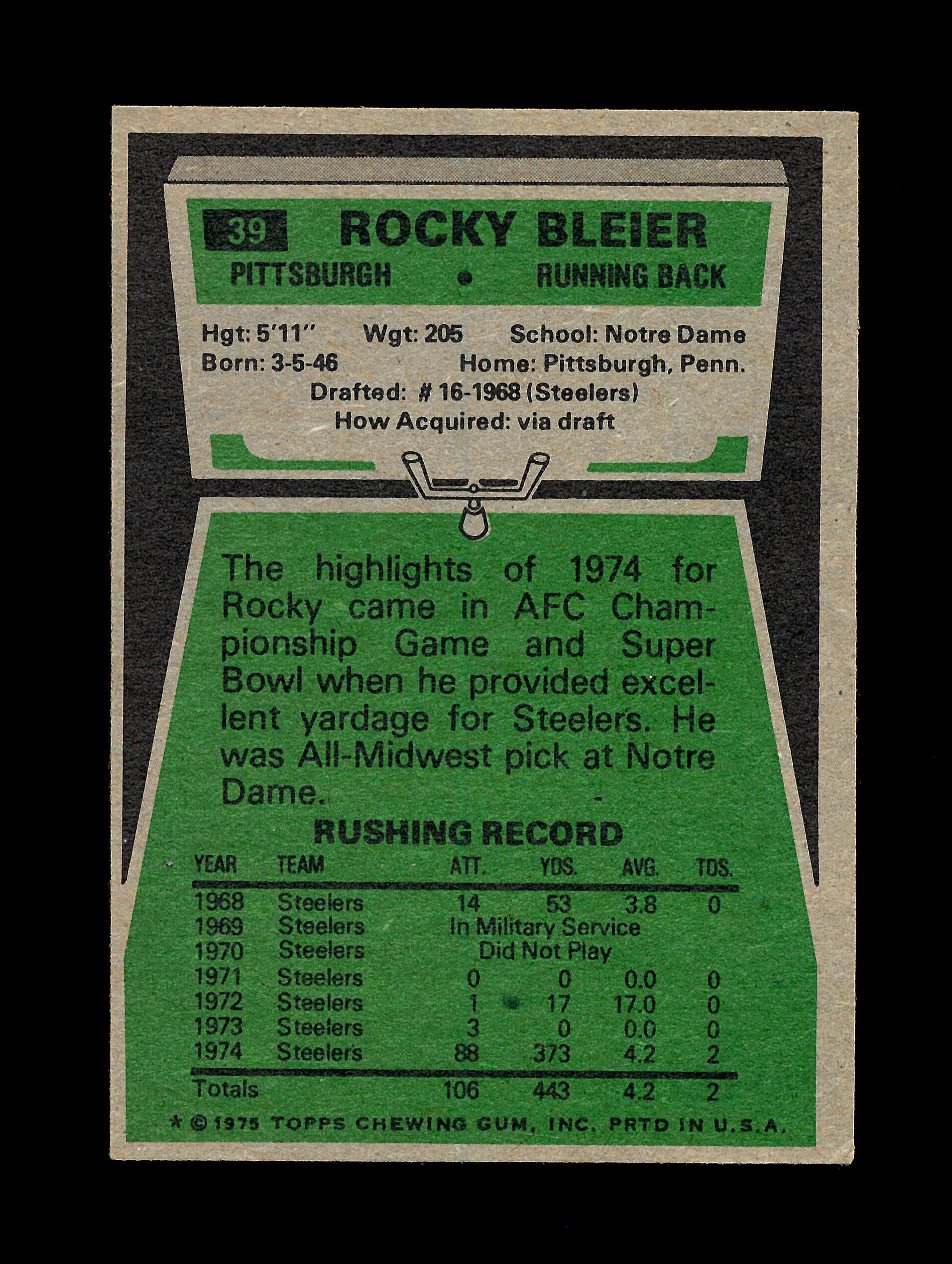 1975 Topps ROOKIE Football Card #39 Rookie Rocky Bleier Pittsburgh Steelers