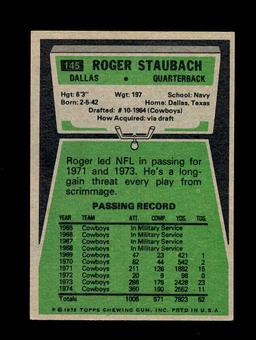 1975 Topps Football Card #145 Hall of Famer Roger Staubach Dallas Cowboys.