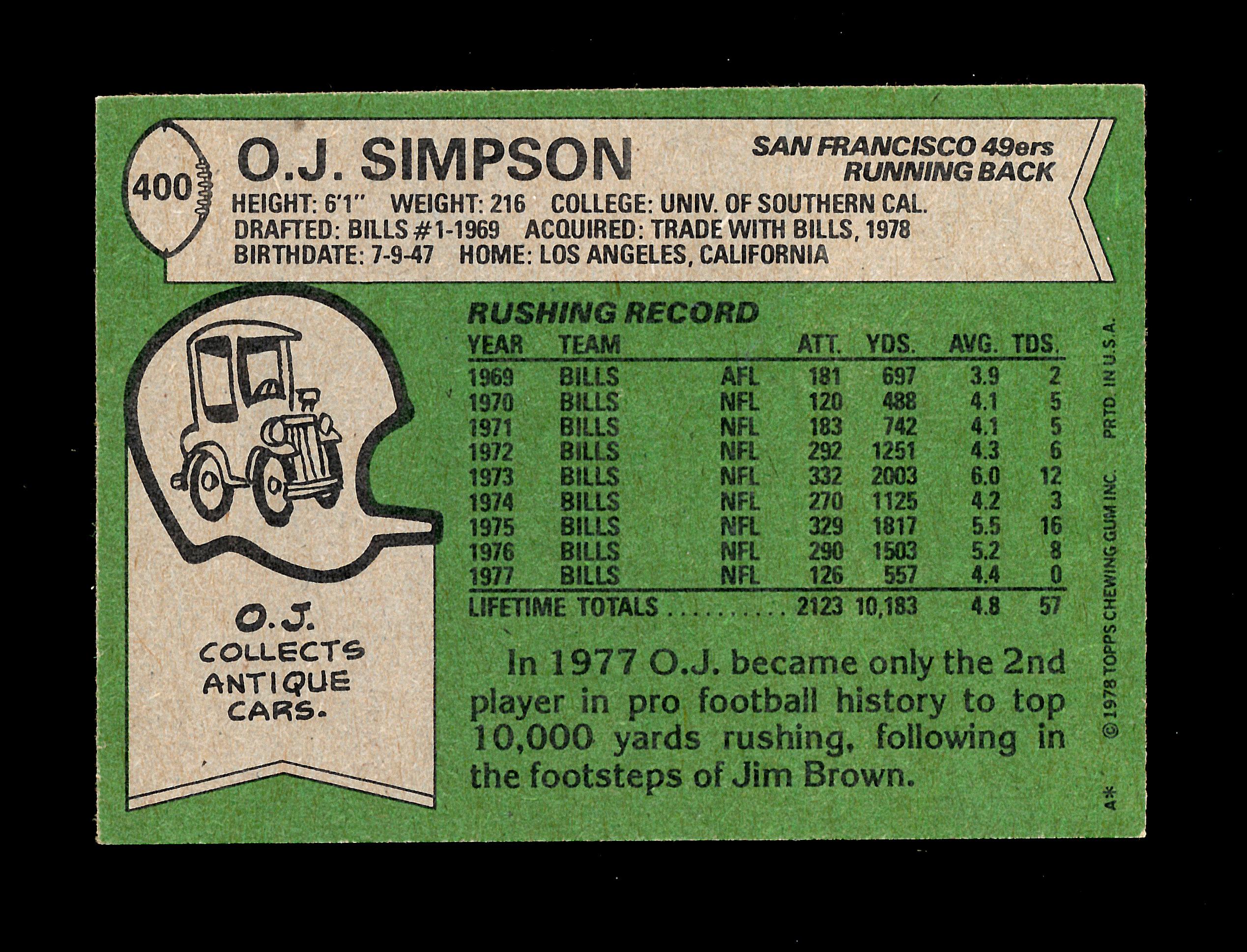 1978 Topps Football Card #400 Hall of Famer OJ Simpson San Francisco 49ers.