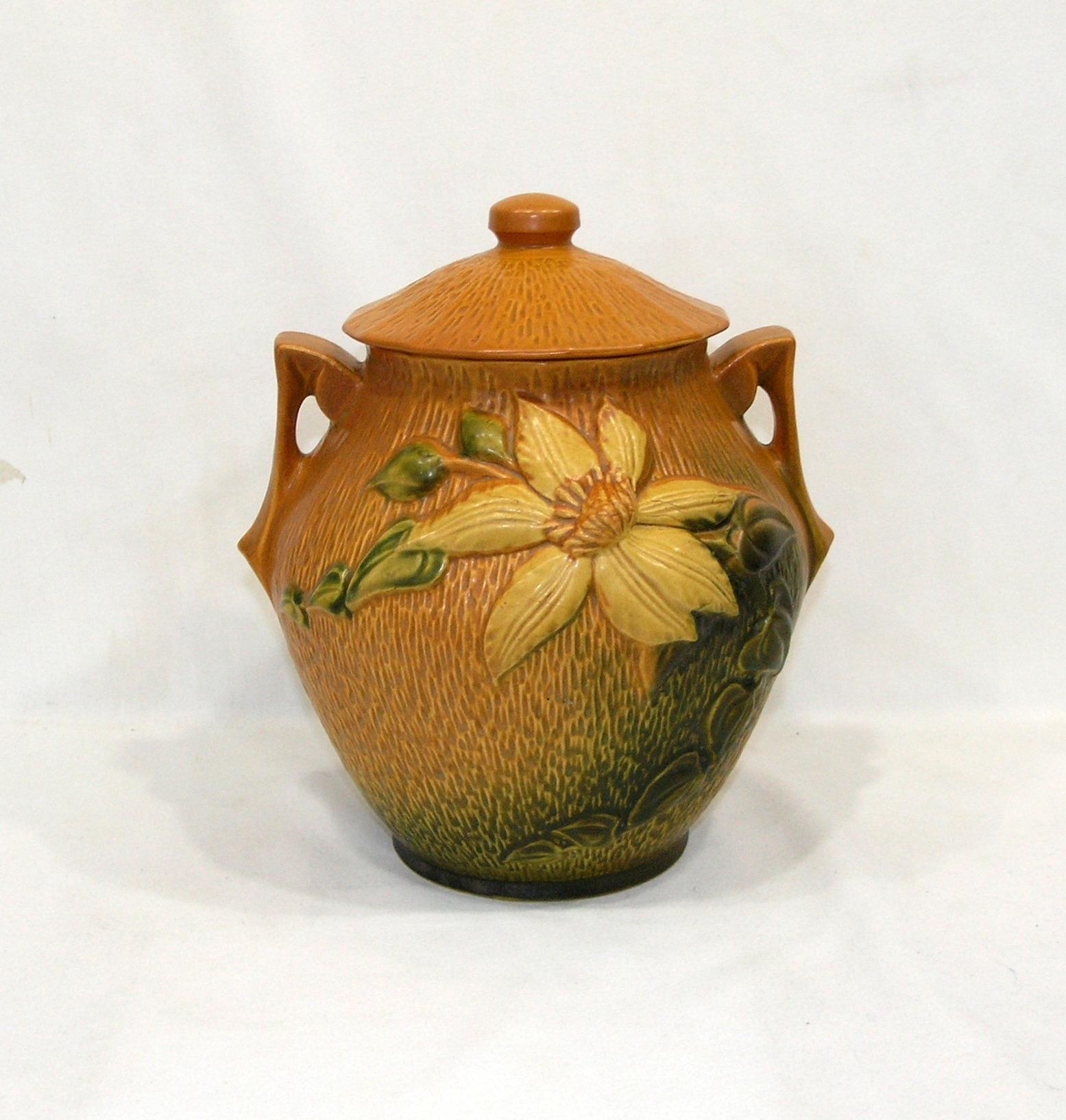 Vintage Roseville 3-8" Sienna Brown With Clematis Pattern Cookie Jar With &