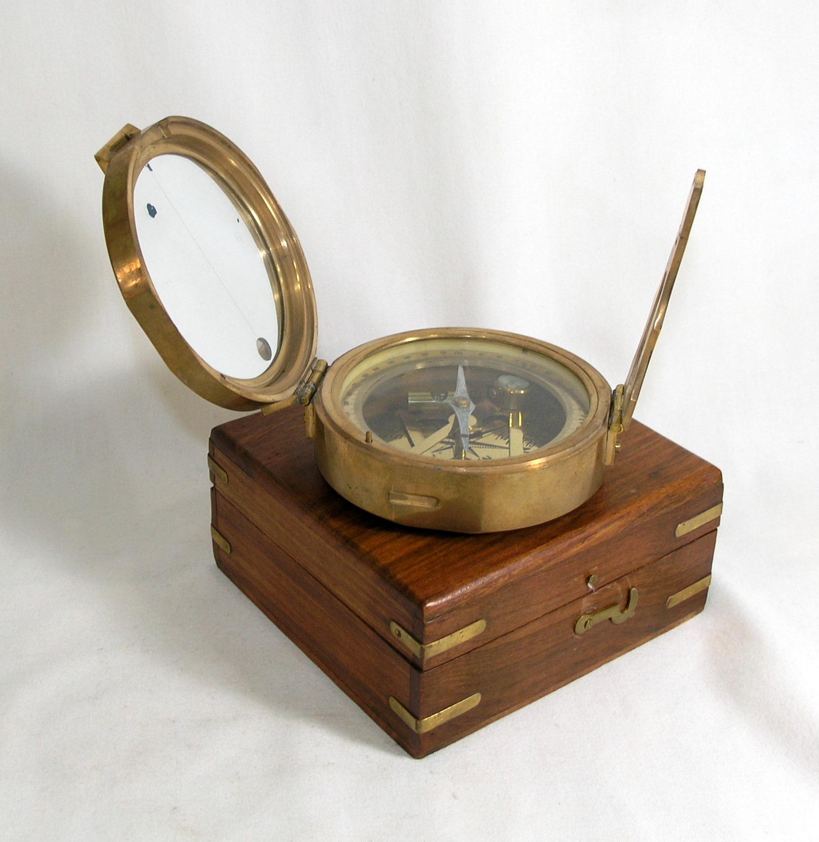 Vintage Stanley London Natural Sine Large Brass Compass With Wood Box Good