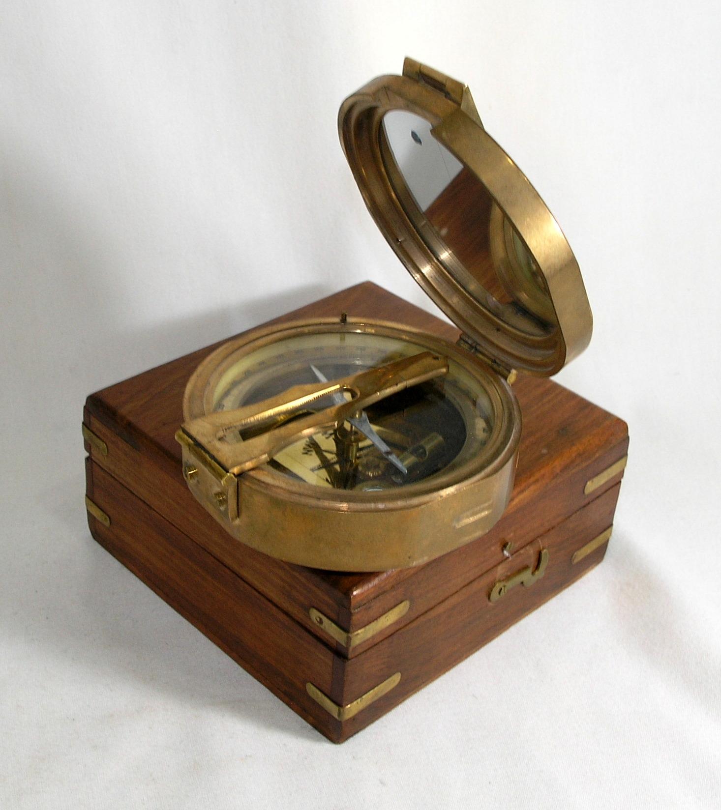 Vintage Stanley London Natural Sine Large Brass Compass With Wood Box Good