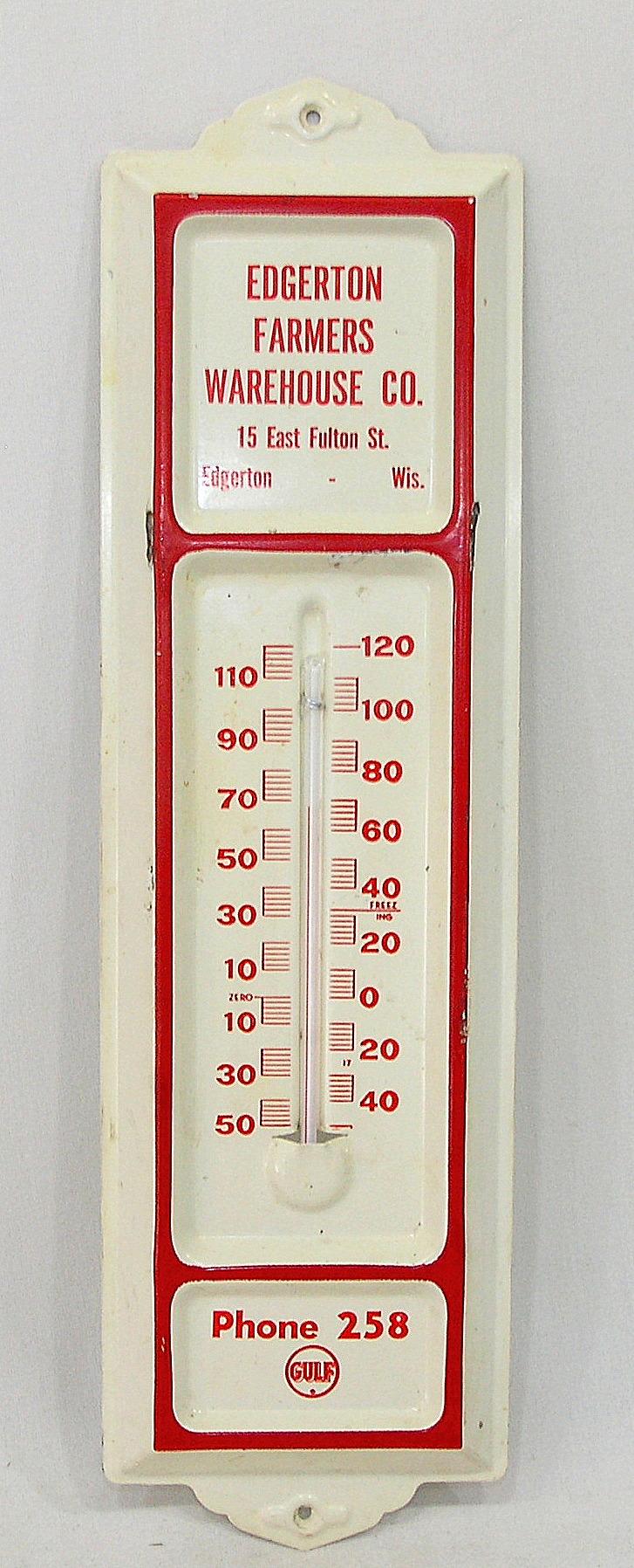 Vintage Enamel Wall Themometer Edgerton Farmers Warehouse Company Functions