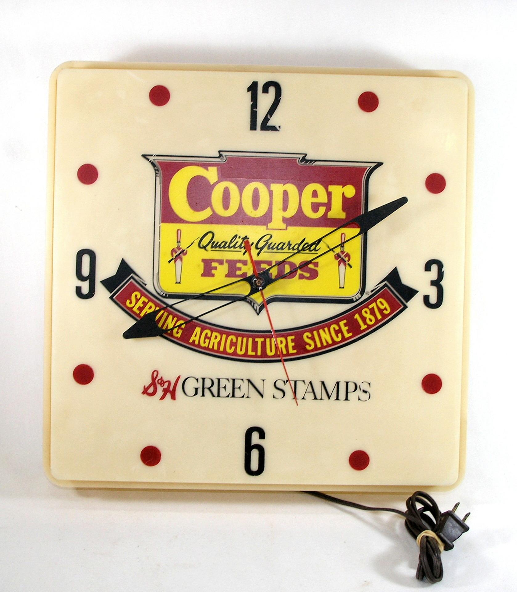 1950s-1960s Lighted Advertising Clock Cooper Feeds S&H Stamps. Clean, Light