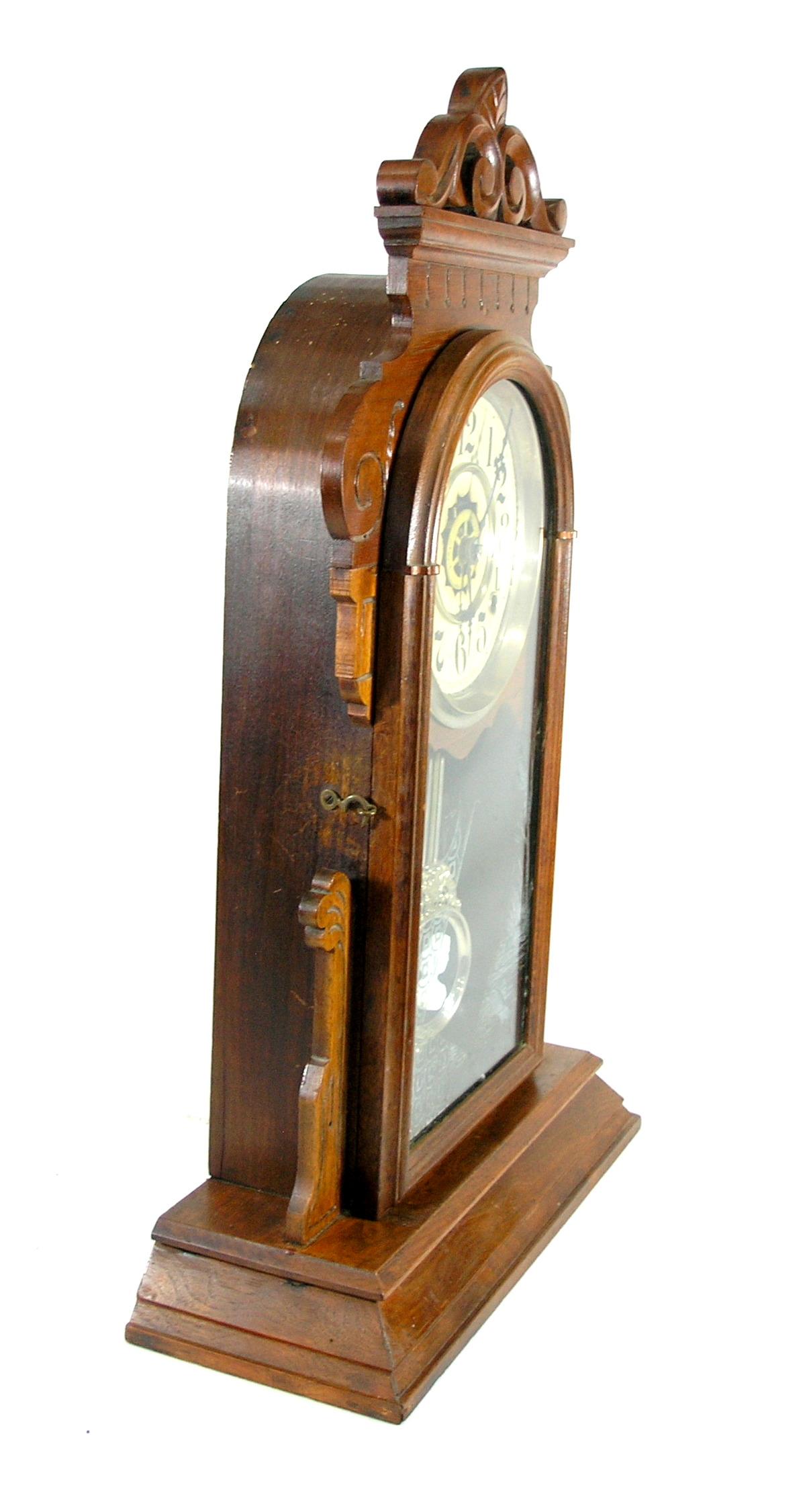 Vintage Wooden  Antique Clock With Milk Glass Cameo On Pendulum Not Complet