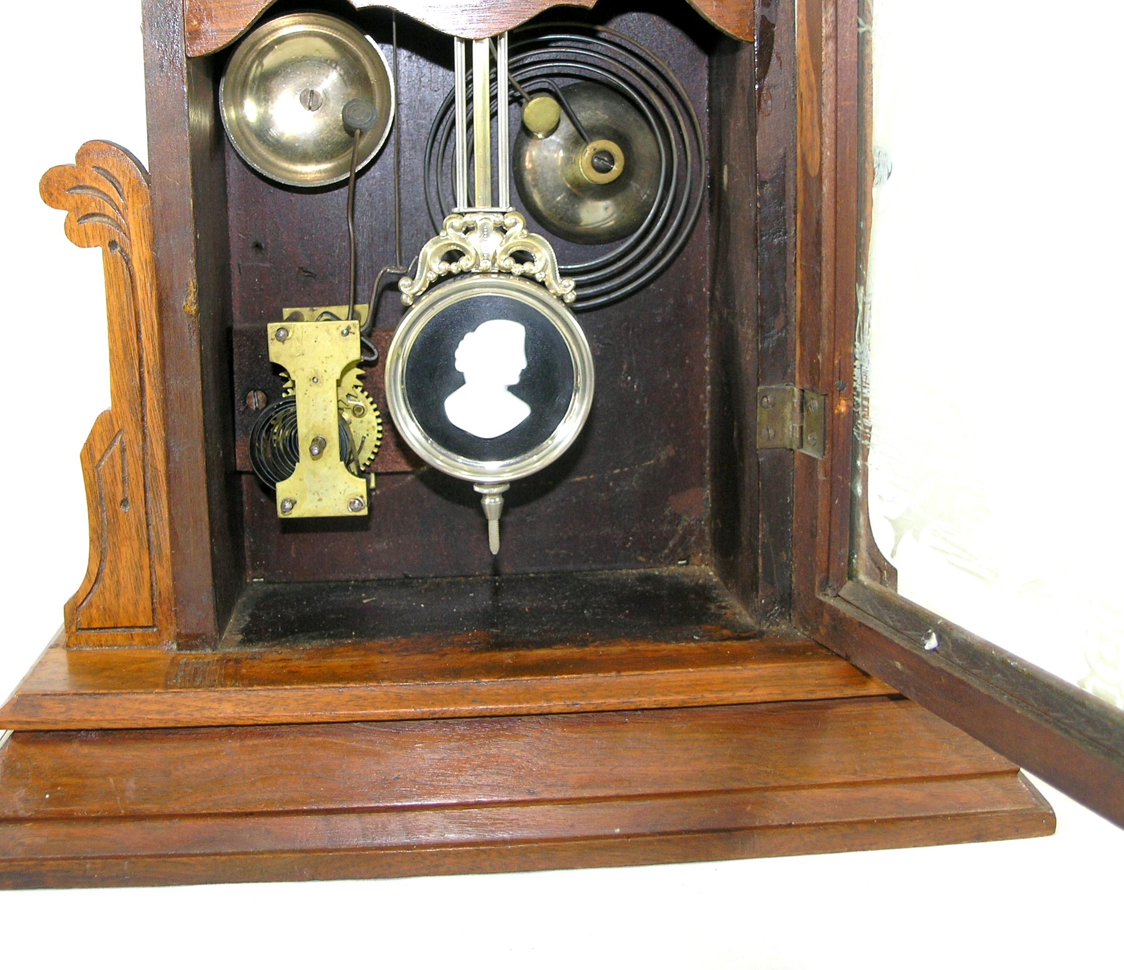 Vintage Wooden  Antique Clock With Milk Glass Cameo On Pendulum Not Complet