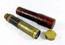 Vintage Brass & Leather Naughtical Spy Scope with Leather Case. 8-1/8" in c